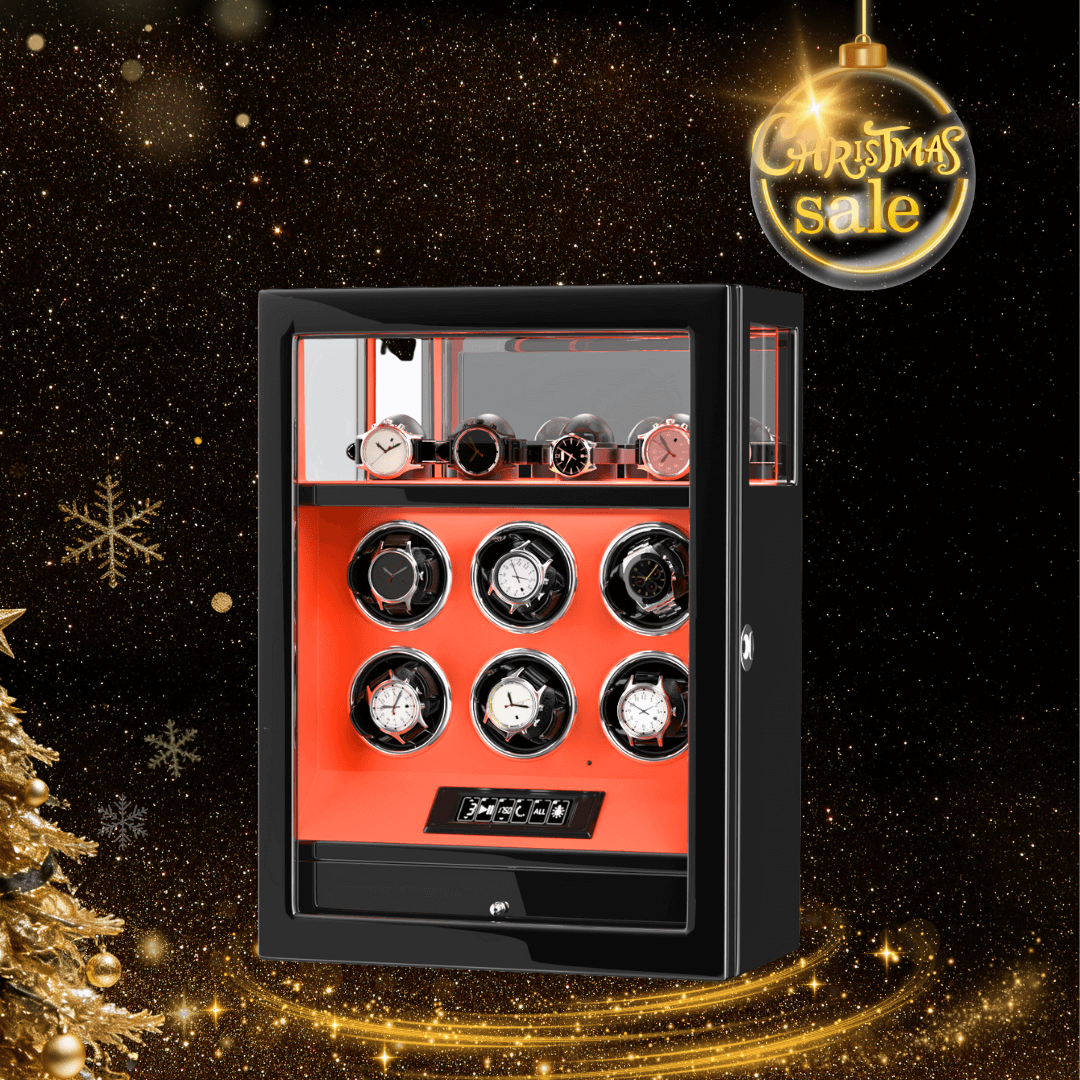 Fingerprint Lock 6 Watch Winders with Extra Watches Storage LCD Remote Control - Flame Orange