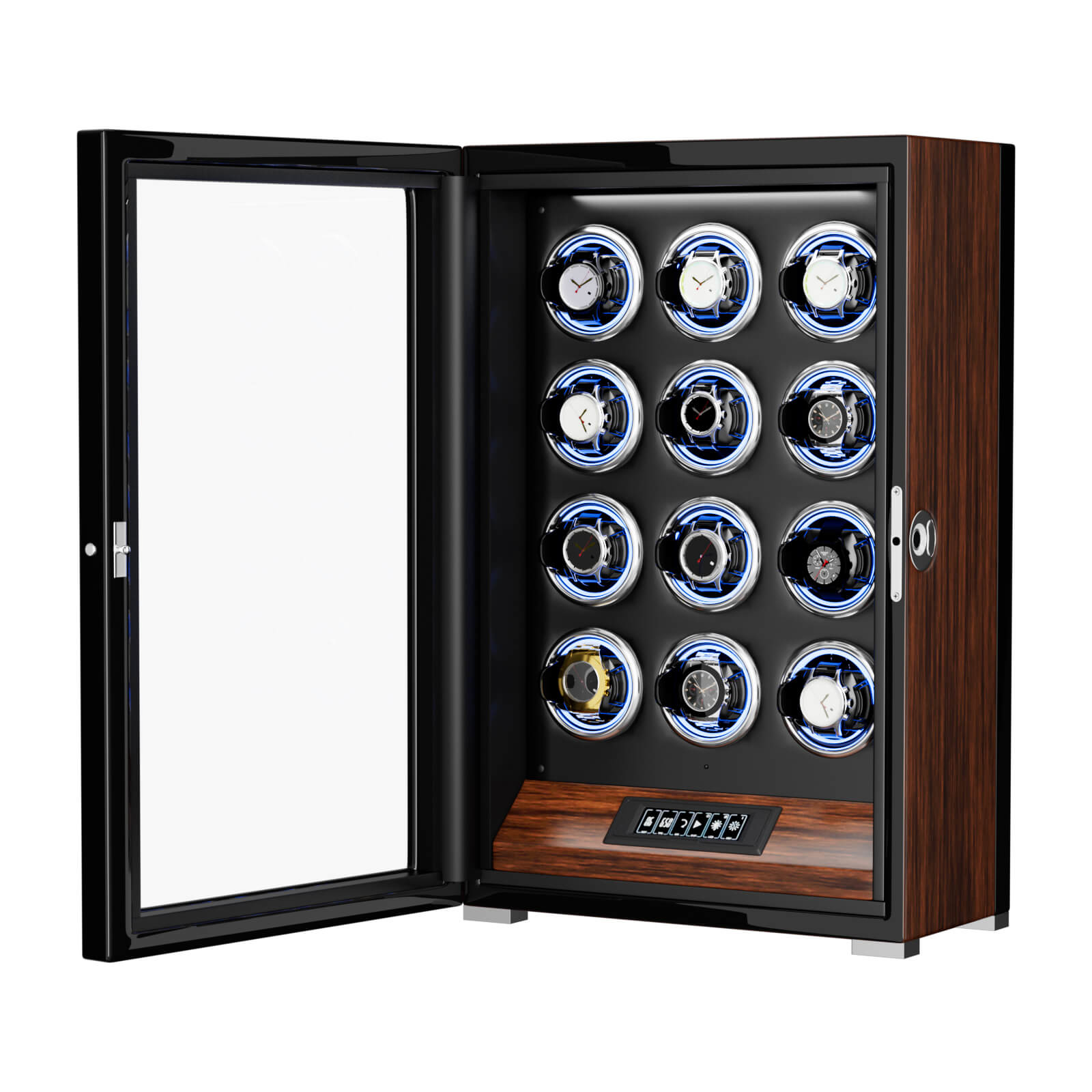 Remontoirs de montres 12 pouces avec déverrouillage par empreinte digitale, éclairage RGB, écran LCD, télécommande et moteur ultra-silencieux - Noyer