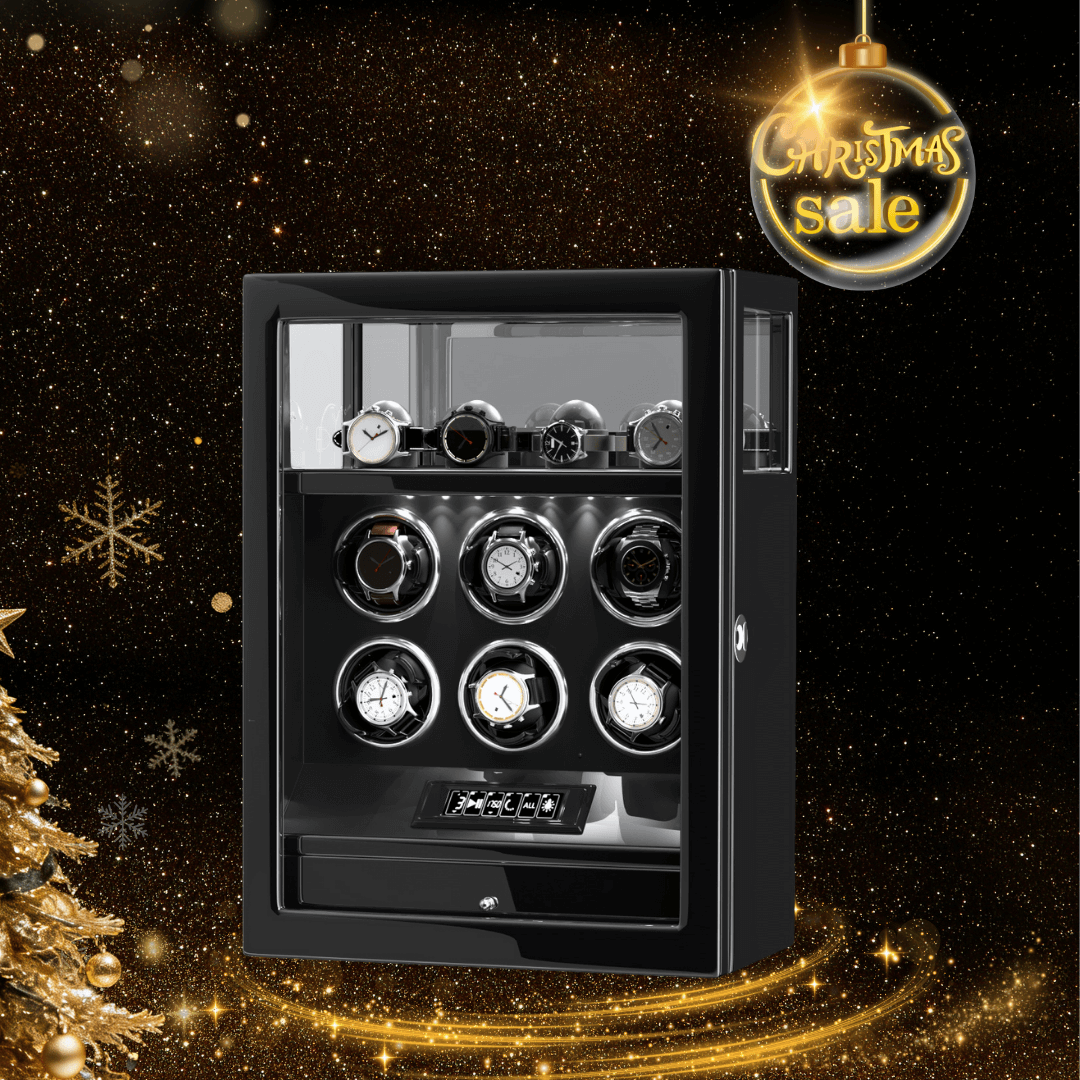 Fingerprint Lock 6 Watch Winders with Extra Watches Storage LCD Remote Control - Black