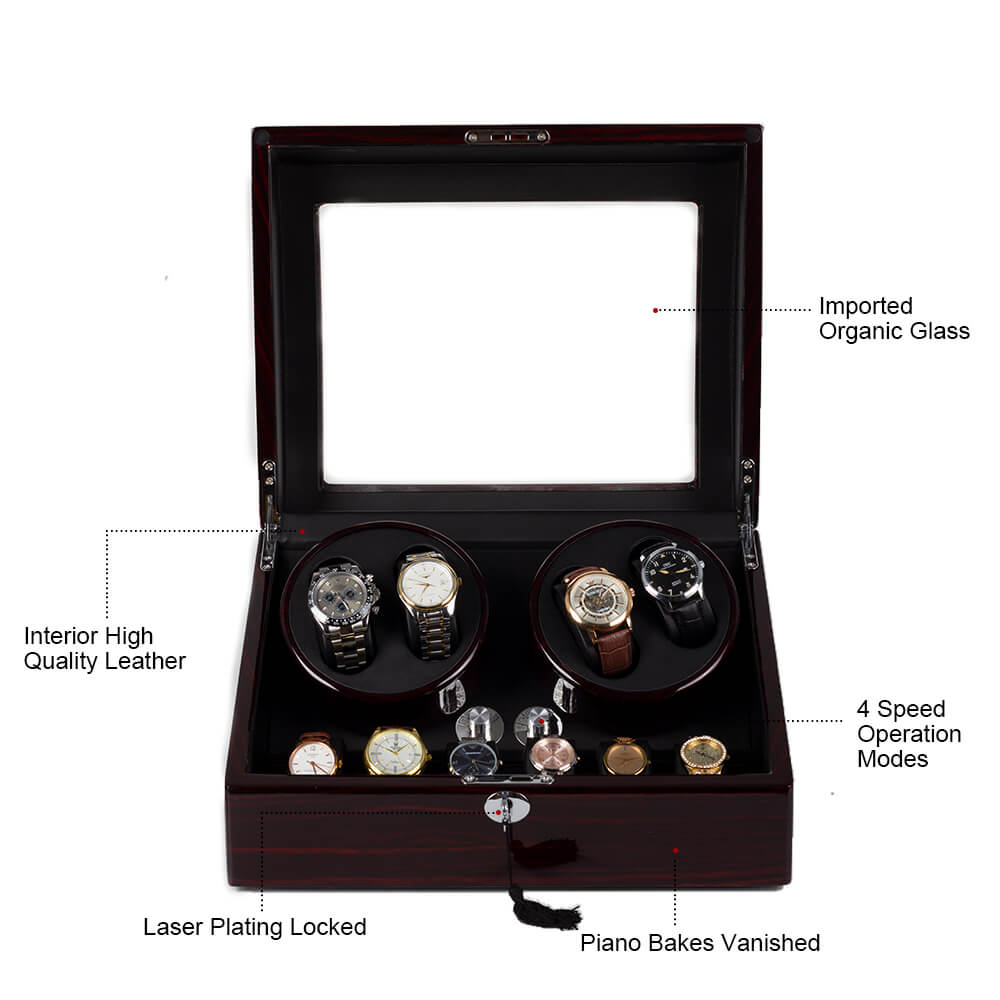 Remontoir pour 4 montres avec 6 espaces de rangement et moteurs Mabuchi silencieux - Noir