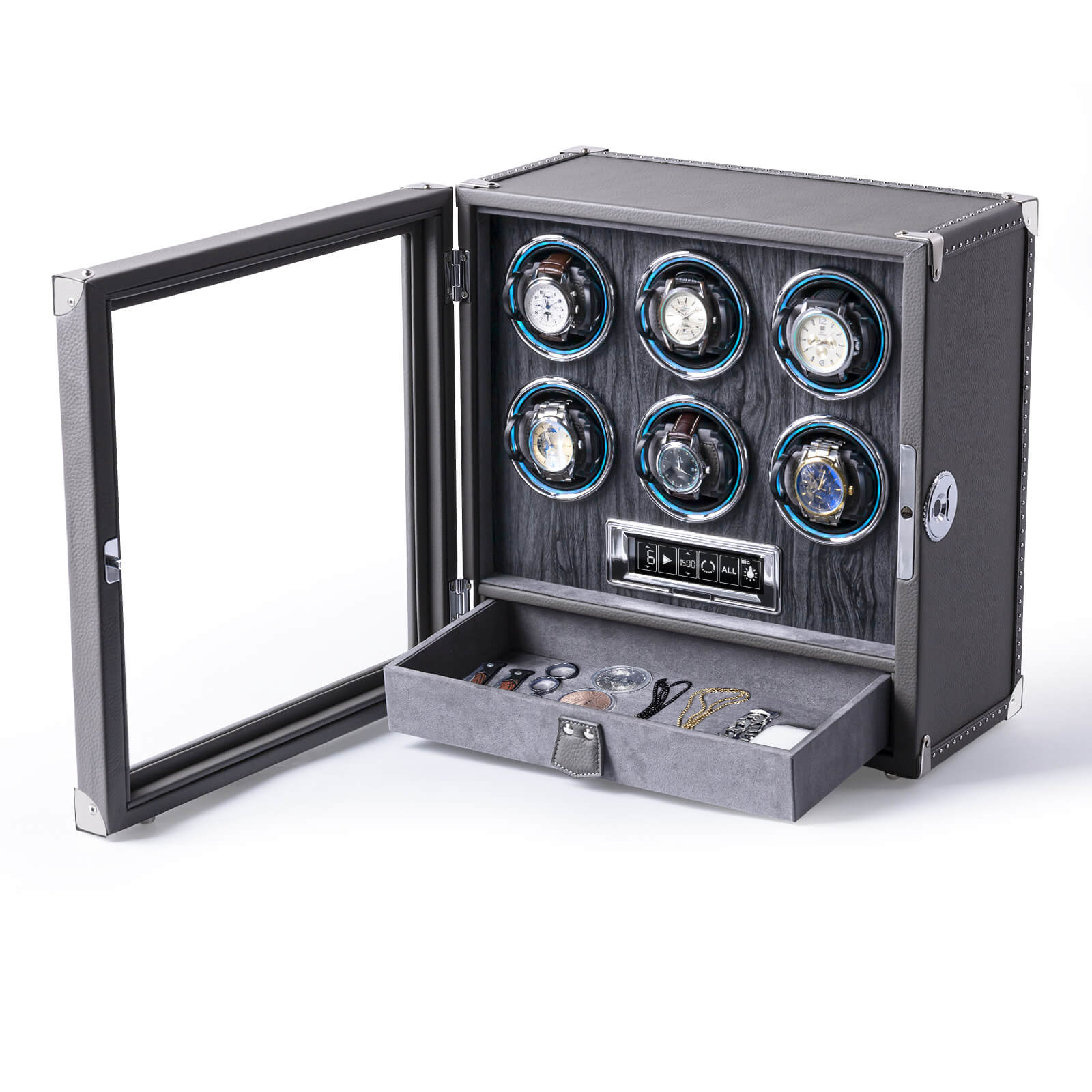 Leather 6 Watch Winder with Drawer | Fingerprint Lock | Digital Display - Slate Gray