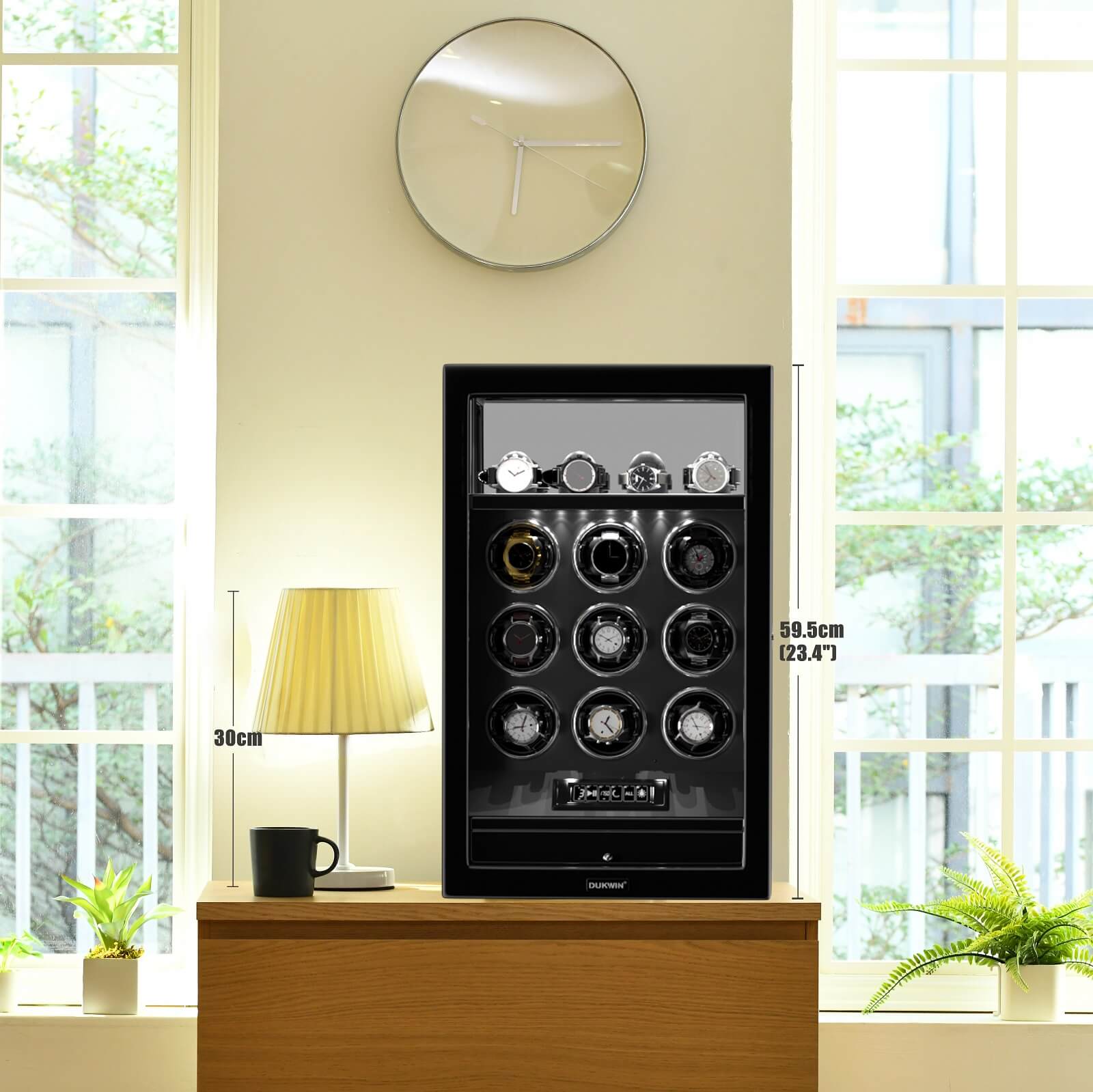 Remontoir 9 montres avec rangement supplémentaire pour 4 montres, écran LCD, télécommande, verrouillage par empreinte digitale - Noir