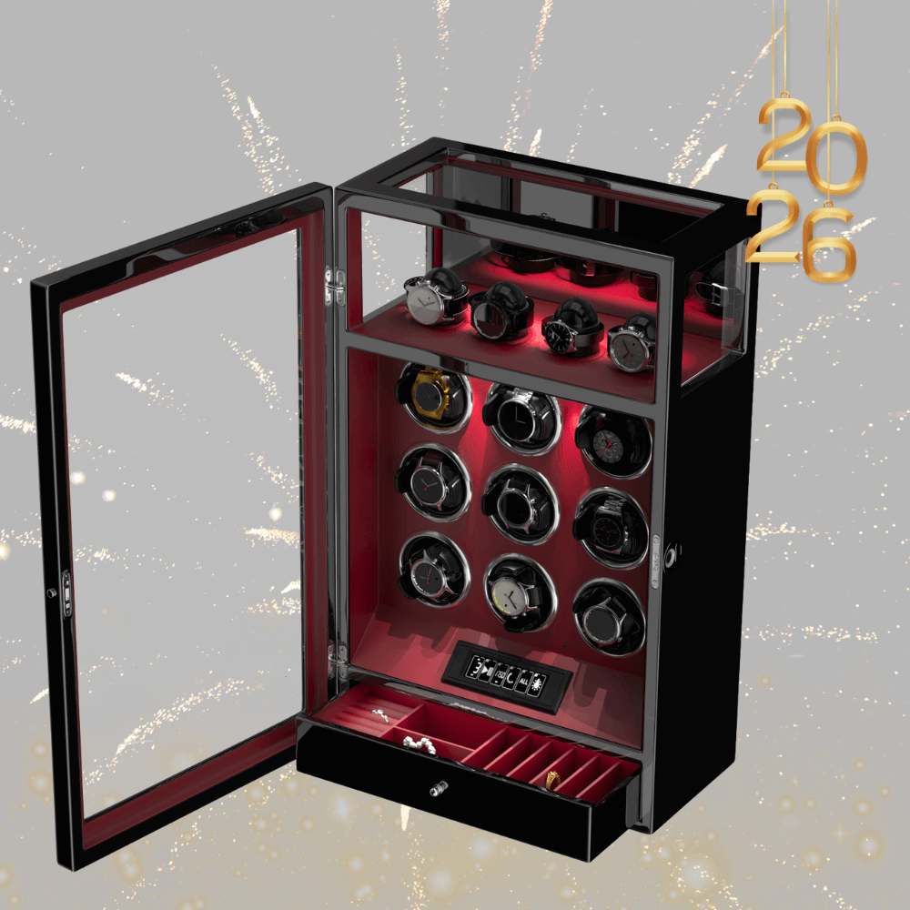 Fingerprint Lock 9 Watch Winders with 4 Watch Holders Storage LCD Remote Control - Red