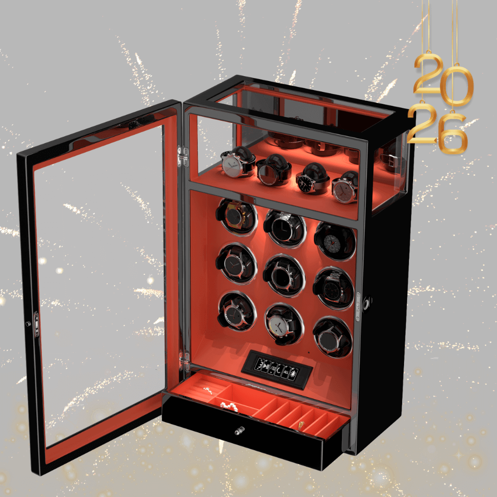 Fingerprint Lock 9 Watch Winders with Extra 4 Watches Storage LCD Remote Control - Flame Orange