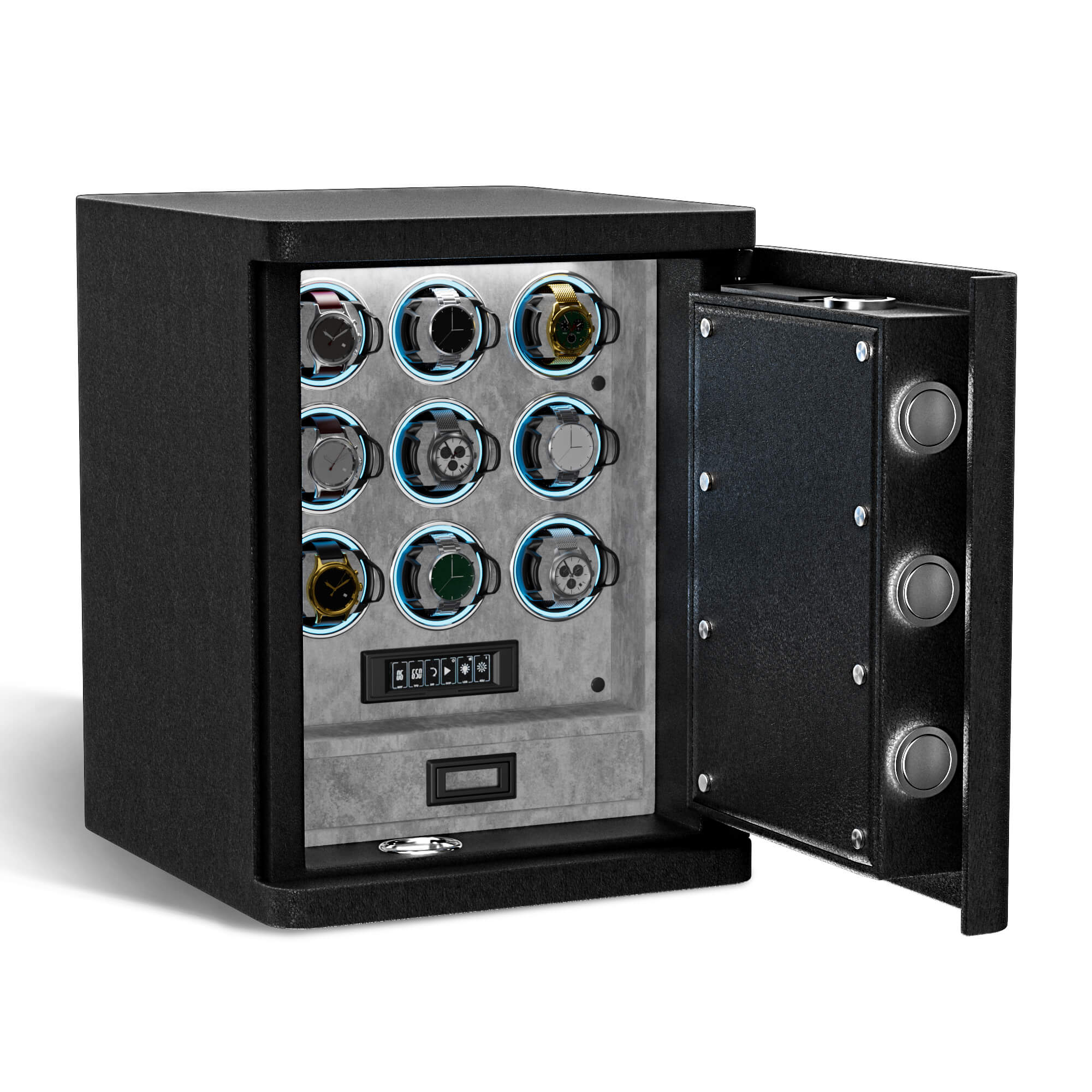 Coffre-fort 9 montres en acier massif haute résistance – Accès par empreinte digitale, verrouillage par clavier numérique et éclairage RGB – Gris
