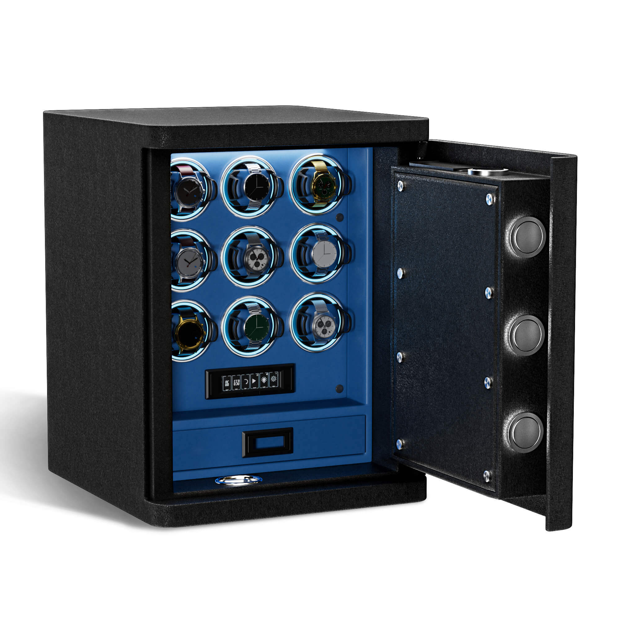 Heavy Full-Steel 9 Watch Safe – Fingerprint Access, Digital Keypad Lock & RGB Illumination - Blue