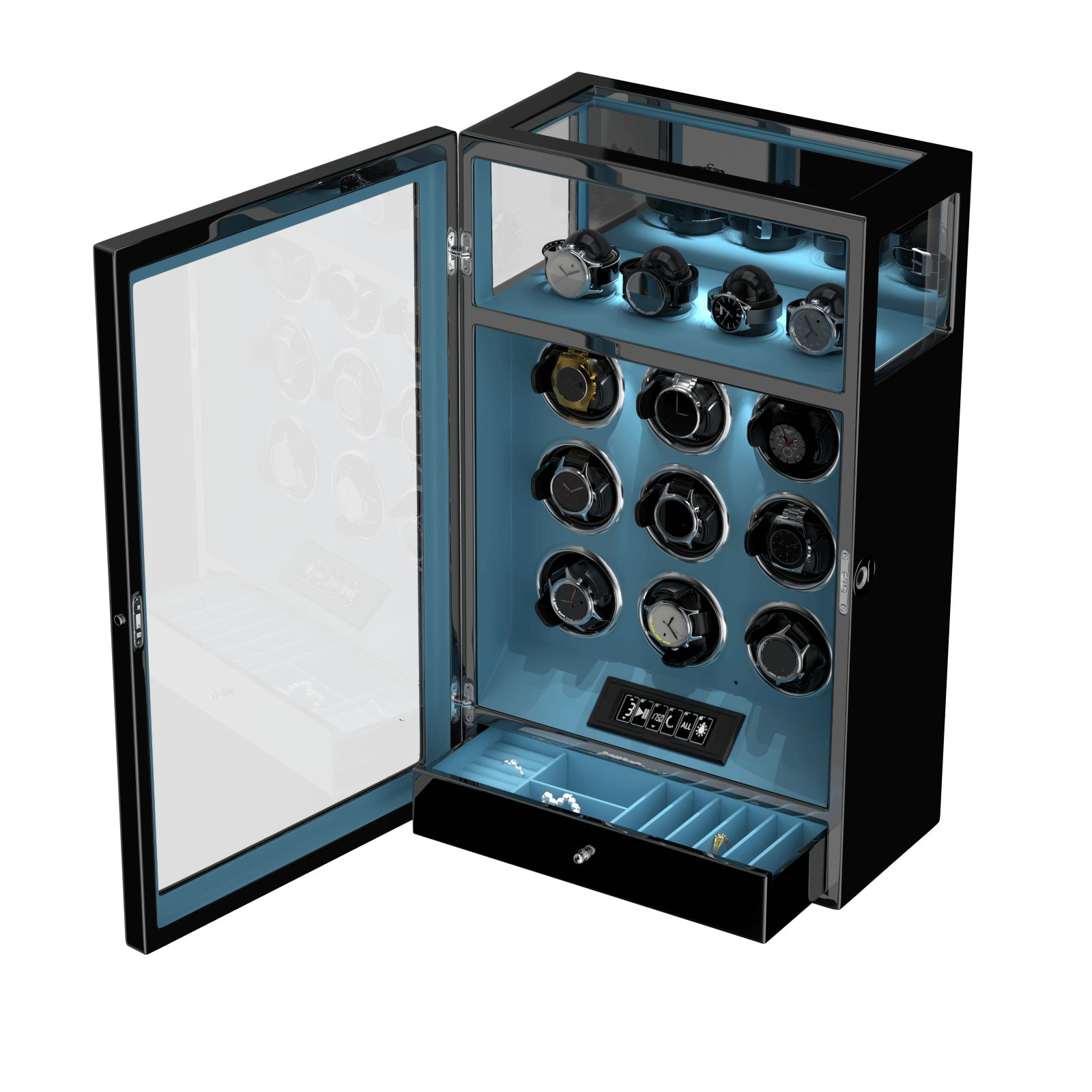 Remontoir à 9 montres avec verrouillage par empreinte digitale et rangement supplémentaire pour 4 montres, télécommande LCD - Bleu Tiffany