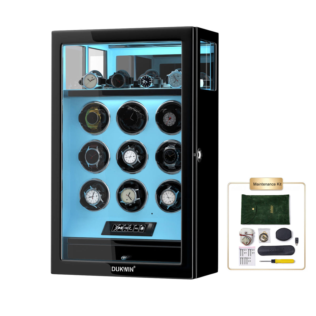 Remontoir à 9 montres avec verrouillage par empreinte digitale et rangement supplémentaire pour 4 montres, télécommande LCD - Bleu Tiffany