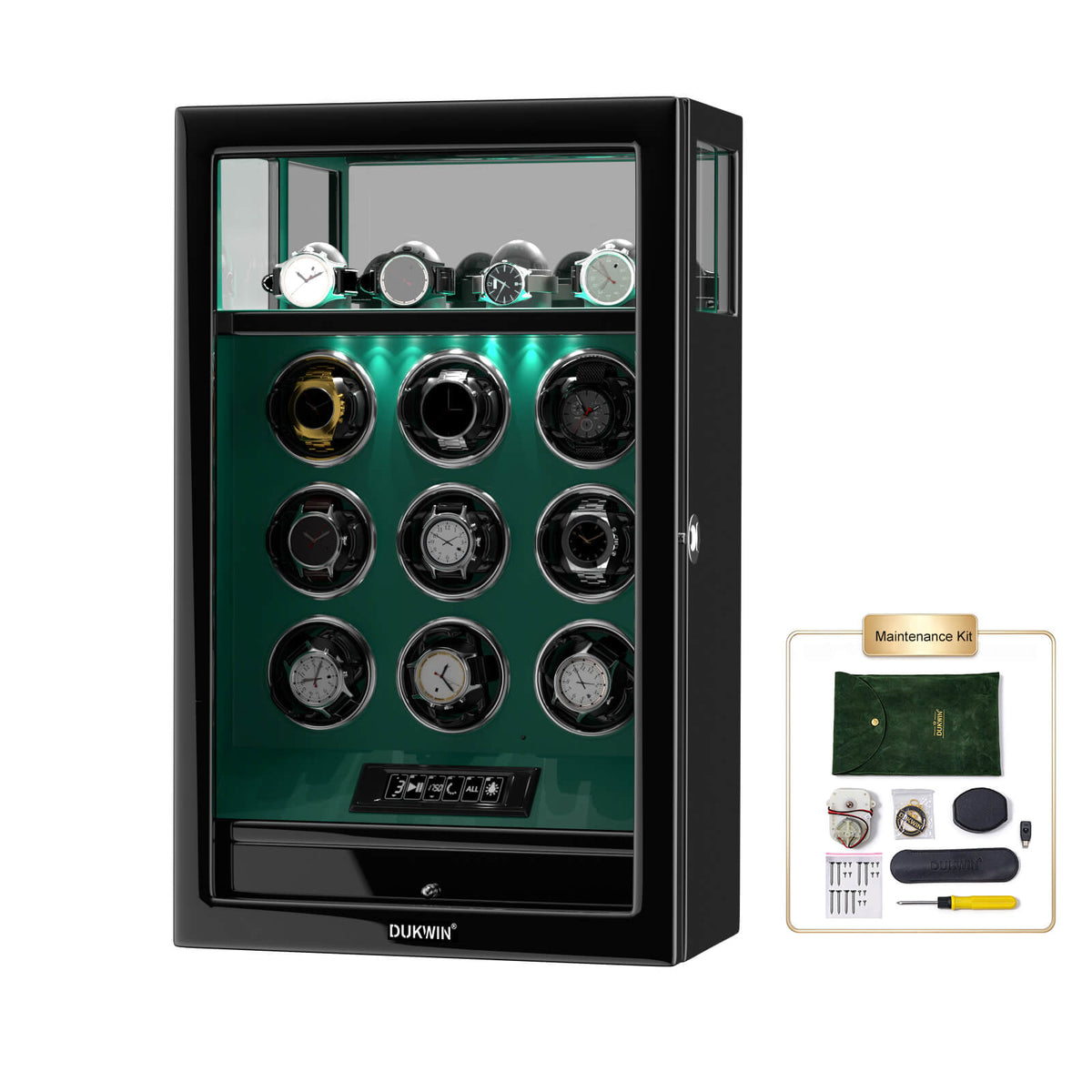 Verrouillage D'empreinte Digitale 9 Remontoirs De Montre Avec 4 Supports De Montre Stockage Télécommande LCD - Vert