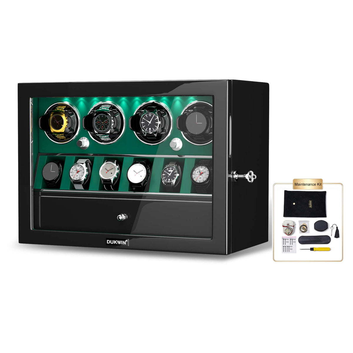4 remontoirs de montres pour montres automatiques avec organisateur d'affichage de 6 montres - Vert