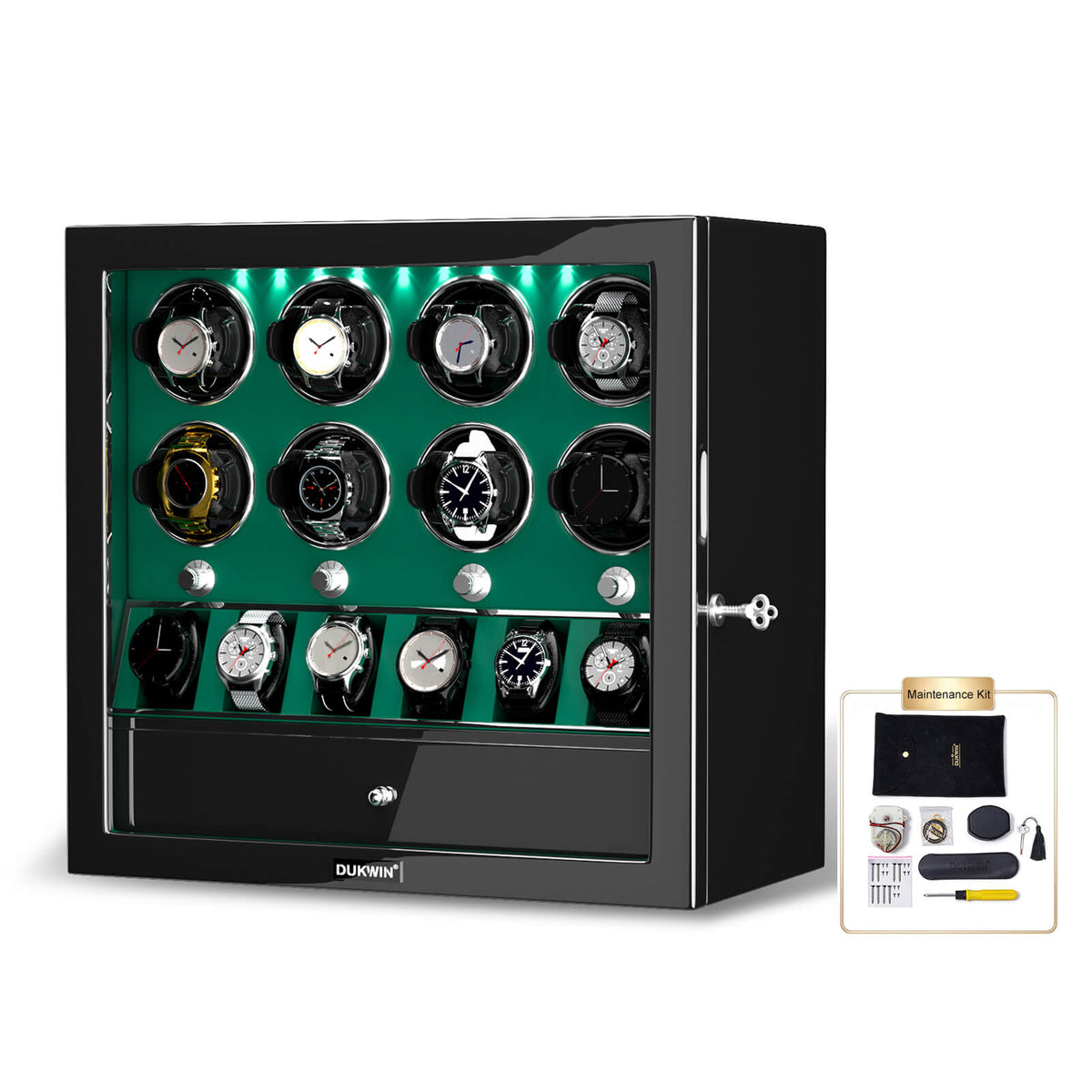 8 Watch Winders with 6 Watches Organizer Storage Large Space Case - Green