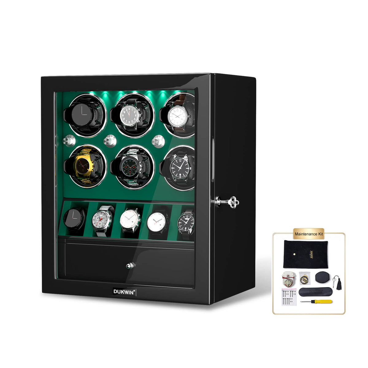 Remontoirs de montres classiques pour 6 montres automatiques avec organisateur d'affichage de 5 montres - Vert