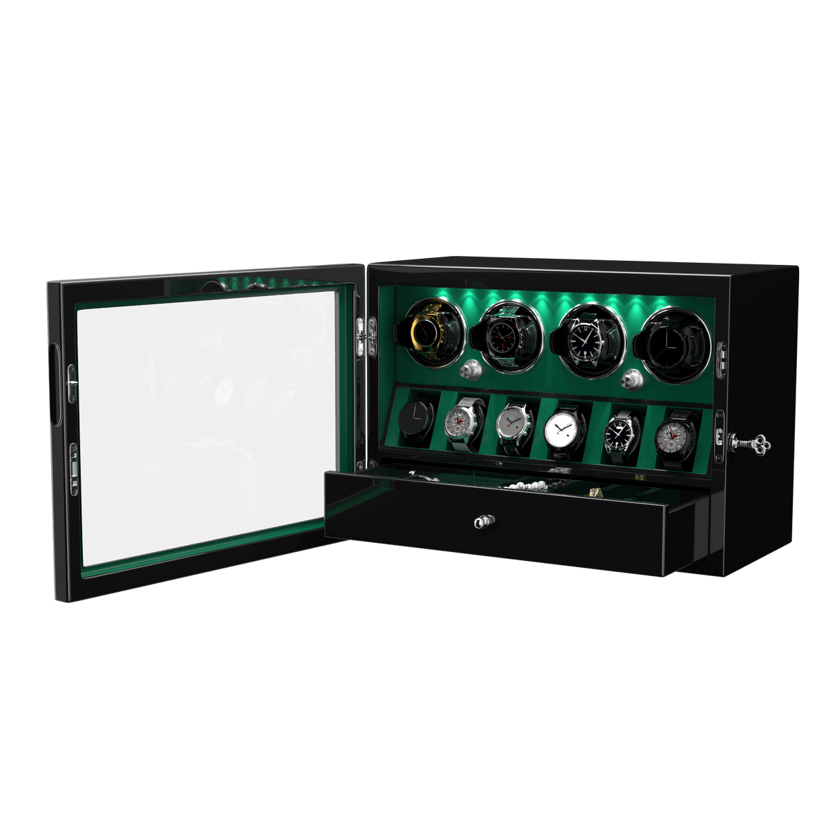 4 remontoirs de montres pour montres automatiques avec organisateur d'affichage de 6 montres - Vert