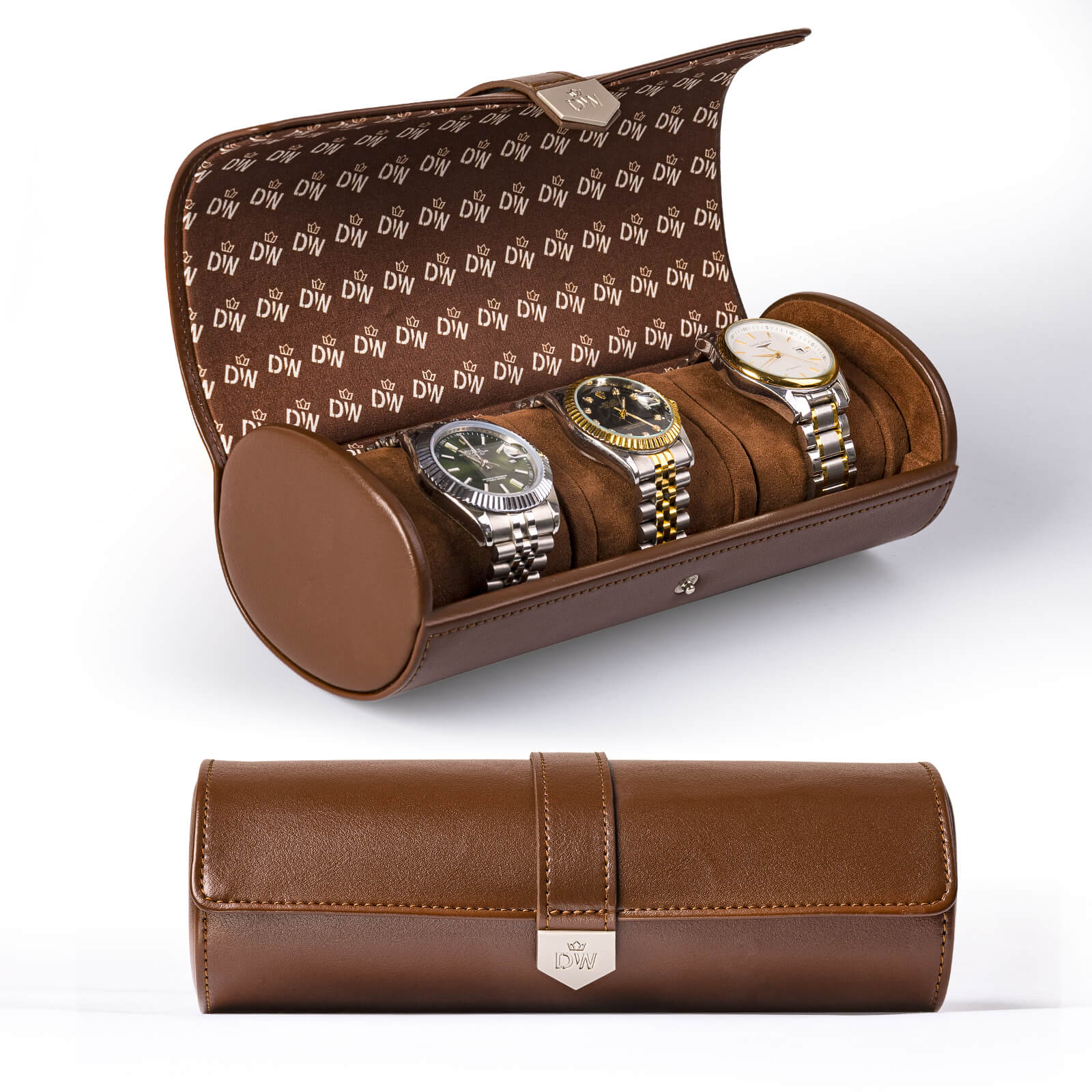 Vegan Leather Triple Watch Roll Travel Case with Hidden Jewelry Capsule - Brown