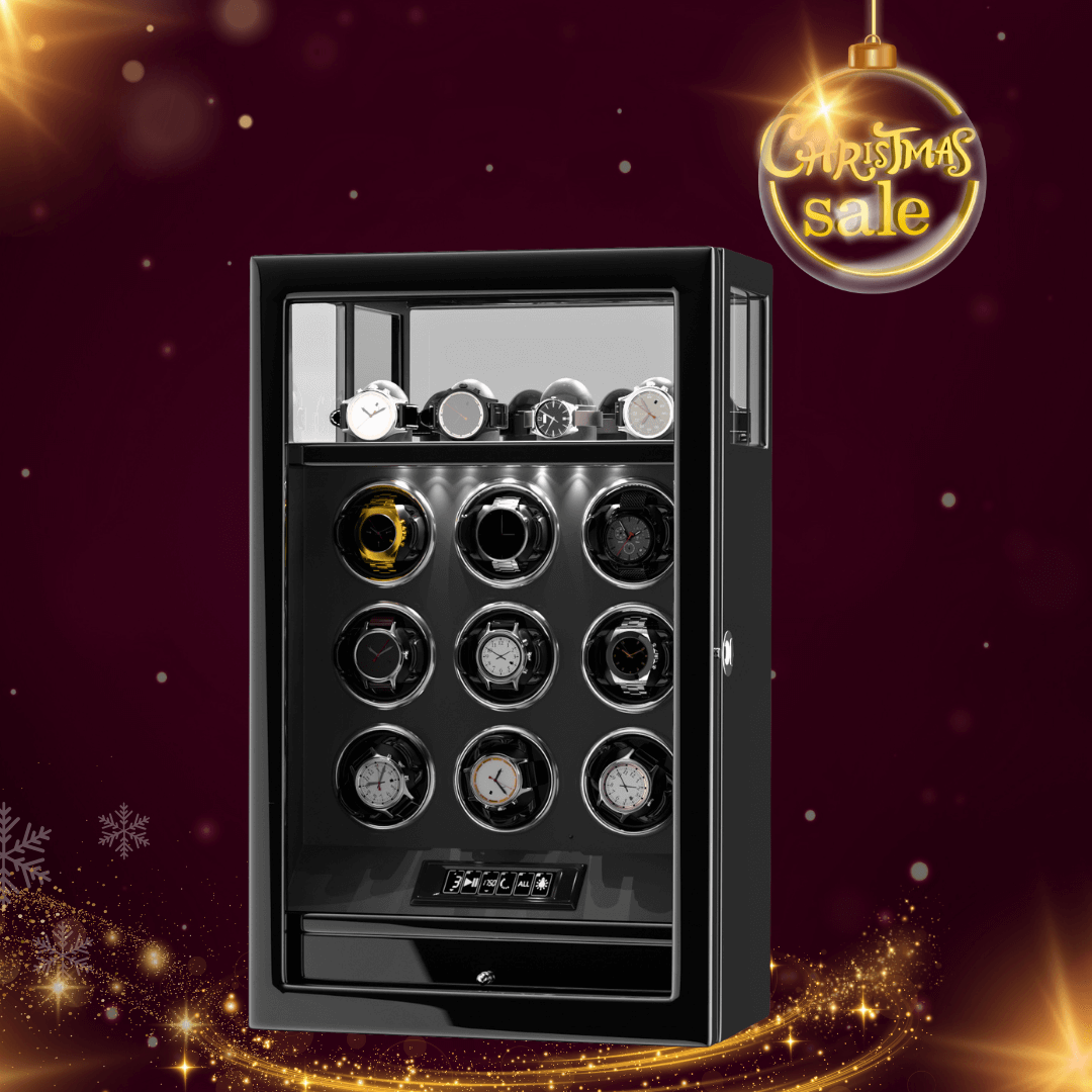 Remontoir pour 9 montres avec rangement supplémentaire pour 4 montres, télécommande LCD, verrouillage par empreinte digitale/verrouillage par clé - Noir