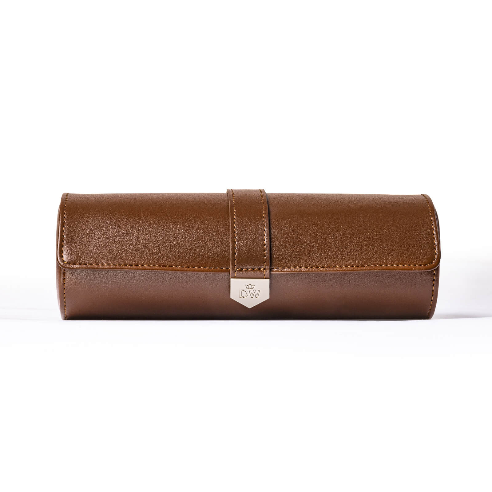 Vegan Leather Triple Watch Roll Travel Case with Hidden Jewelry Capsule - Brown