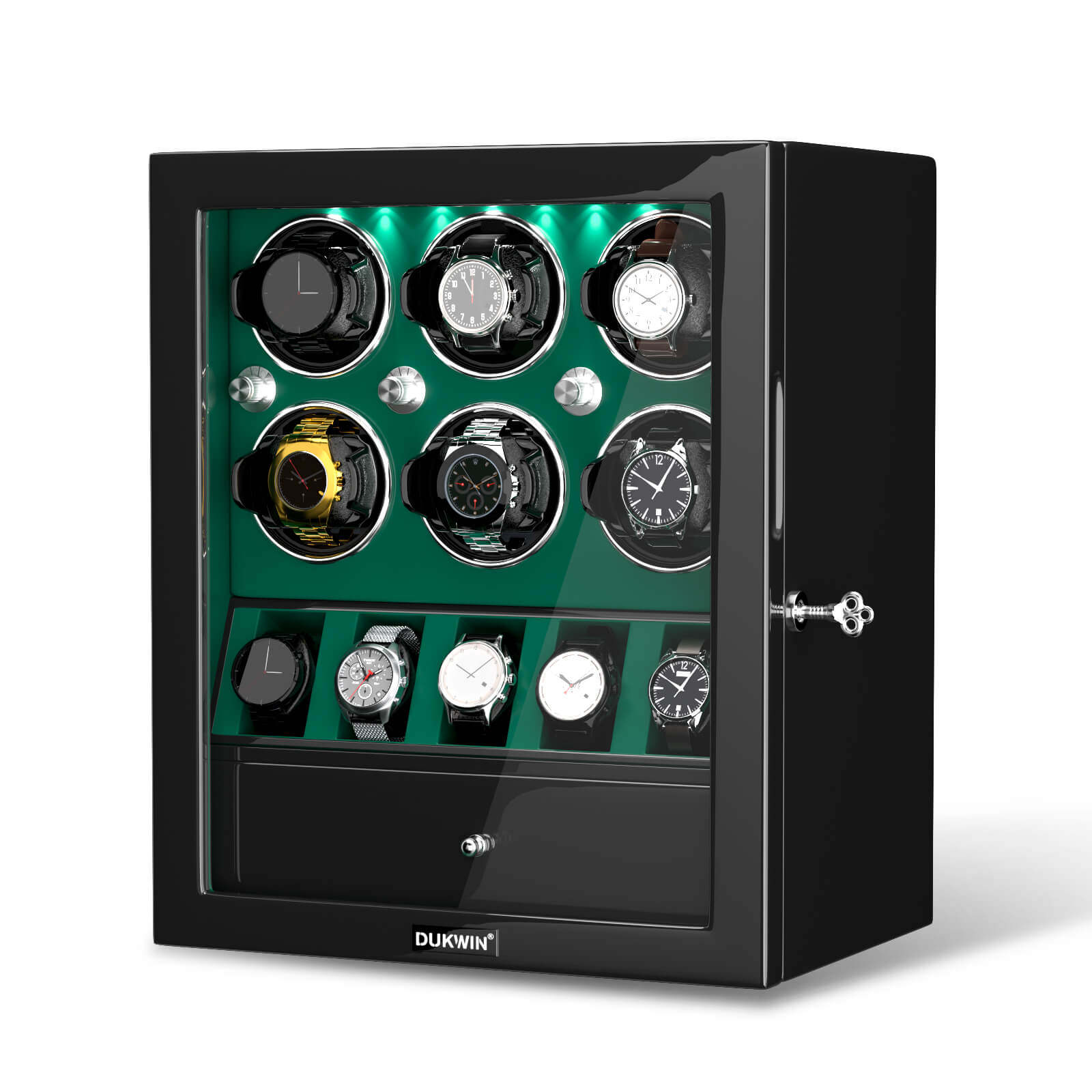 Classic 6 Watch Winders for Automatic Watches with 5 Watches Display Organizer - Green