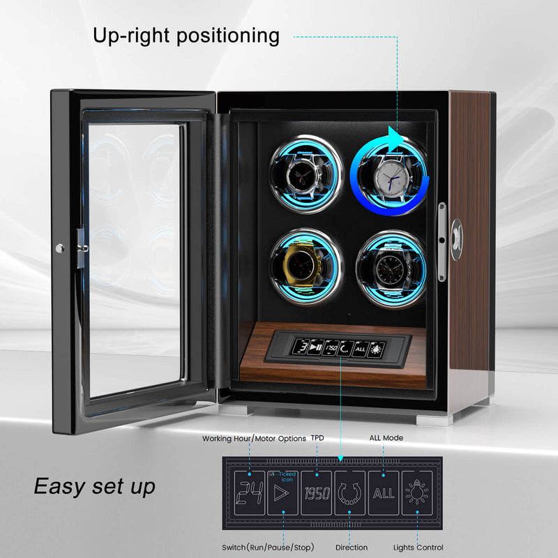 Uhrenbeweger für 4 Uhren mit Fingerabdruck-Entsperrung, RGB-Licht, LCD-Fernbedienung, ultra-leiser Motor – Walnuss