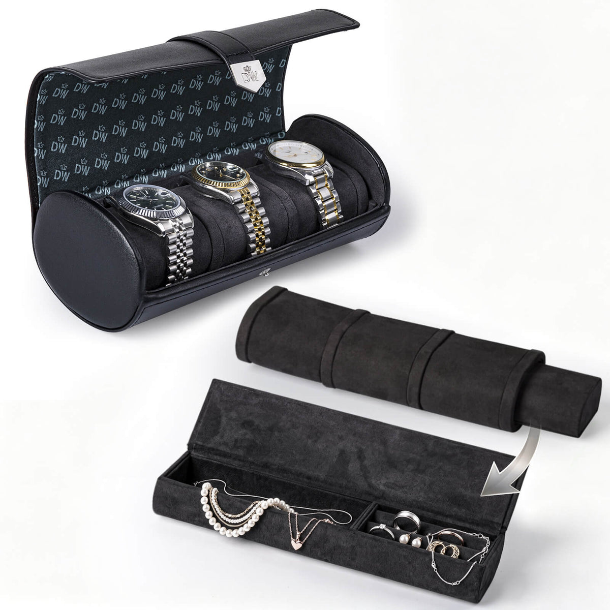 Vegan Leather Triple Watch Roll Travel Case with Hidden Jewelry Capsule - Black