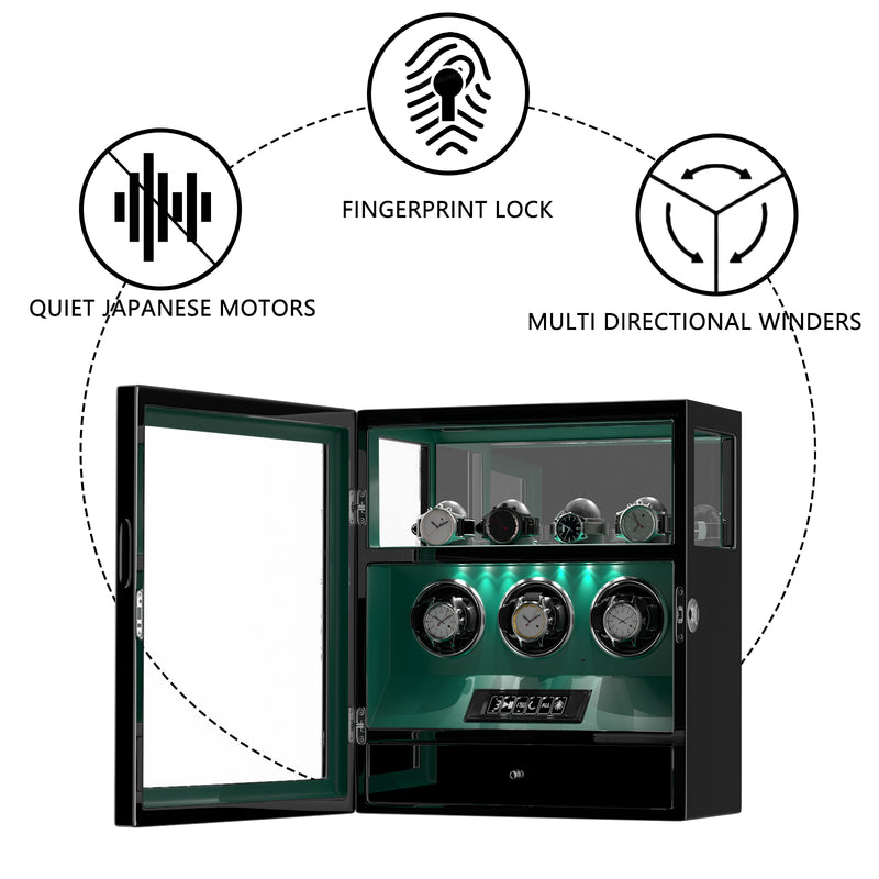 Fingerprint Lock 3 Watch Winders with Extra Watches Storage LCD Remote Control - Green