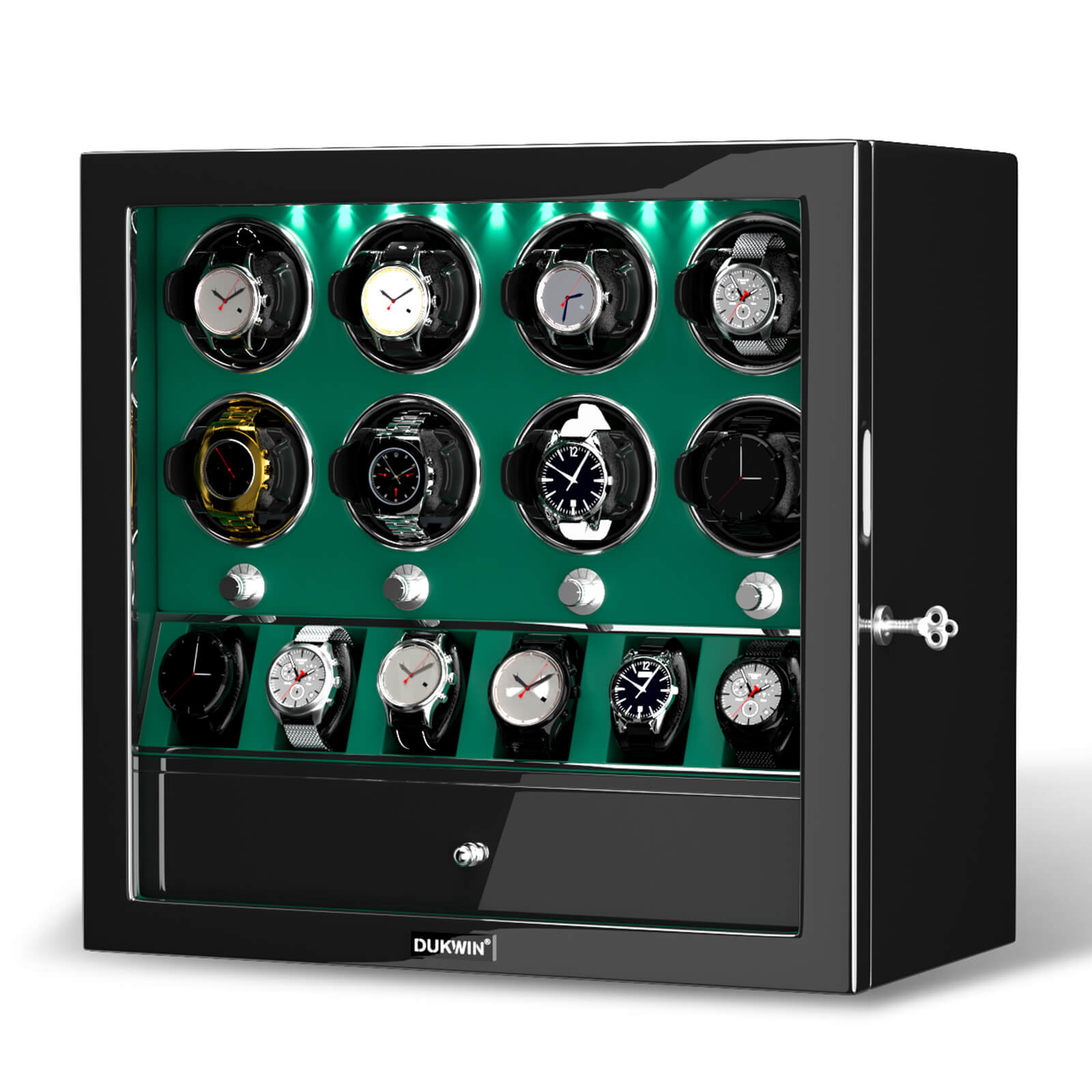 8 Watch Winders with 6 Watches Organizer Storage Large Space Case - Green