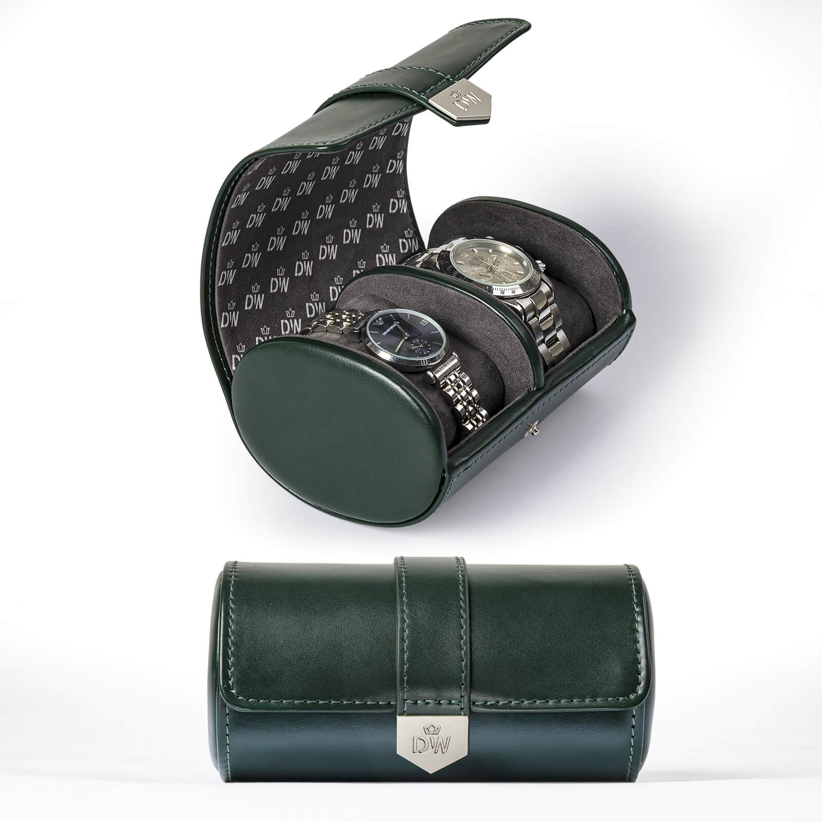 Vegan Leather Double Watch Roll Travel Case - Green