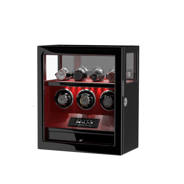 Fingerabdruck-Schloss, 3 Uhrenbeweger mit zusätzlicher Uhrenaufbewahrung, LCD-Fernbedienung – Rot