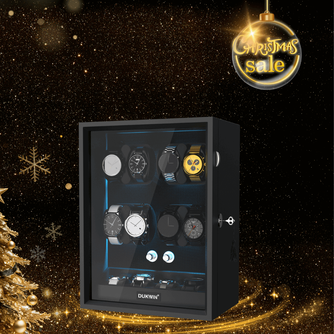 8 + 4 Watch Winder with Extra Storages Aurora Blue Light Quiet Motors - Black