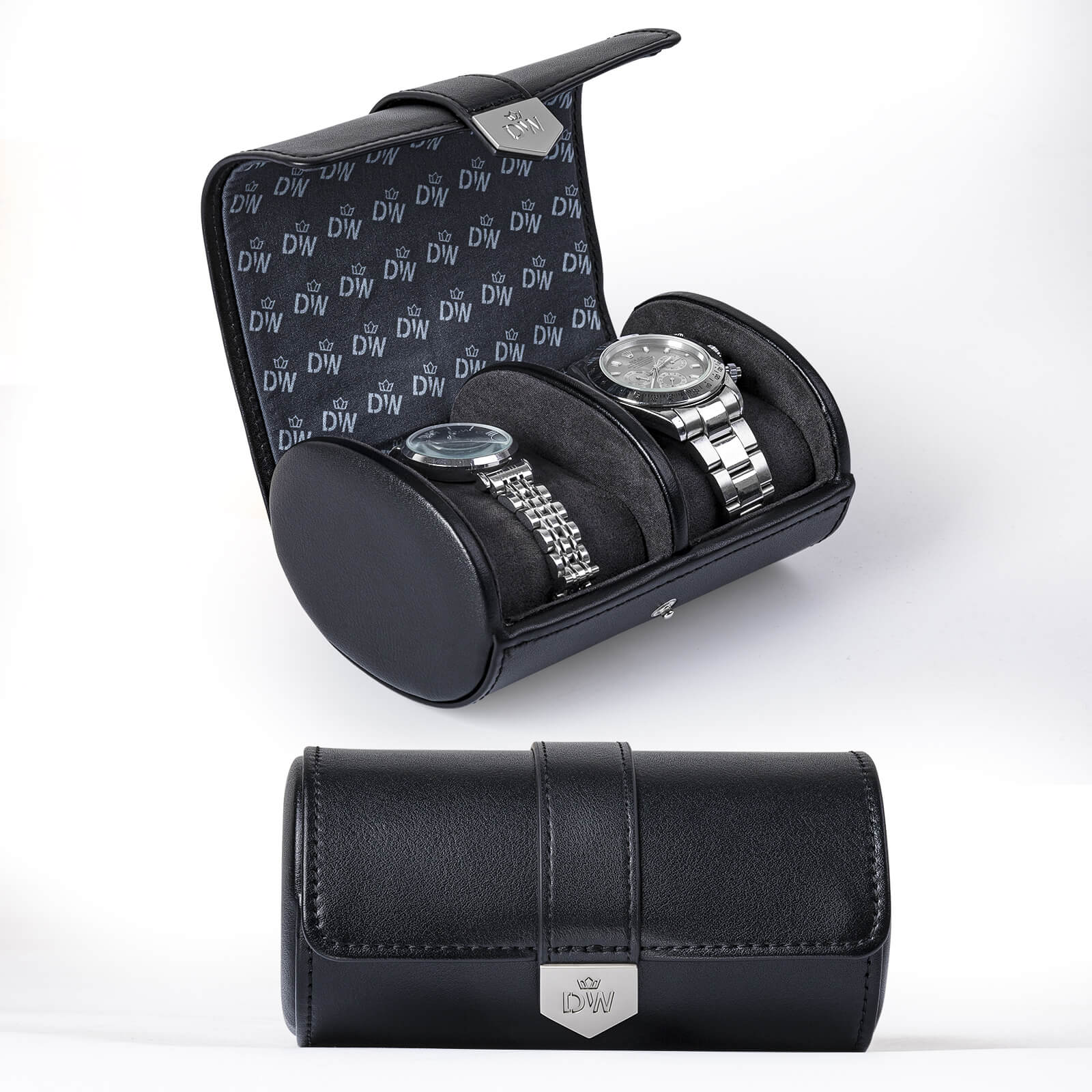 Vegan Leather Double Watch Roll Travel Case - Black