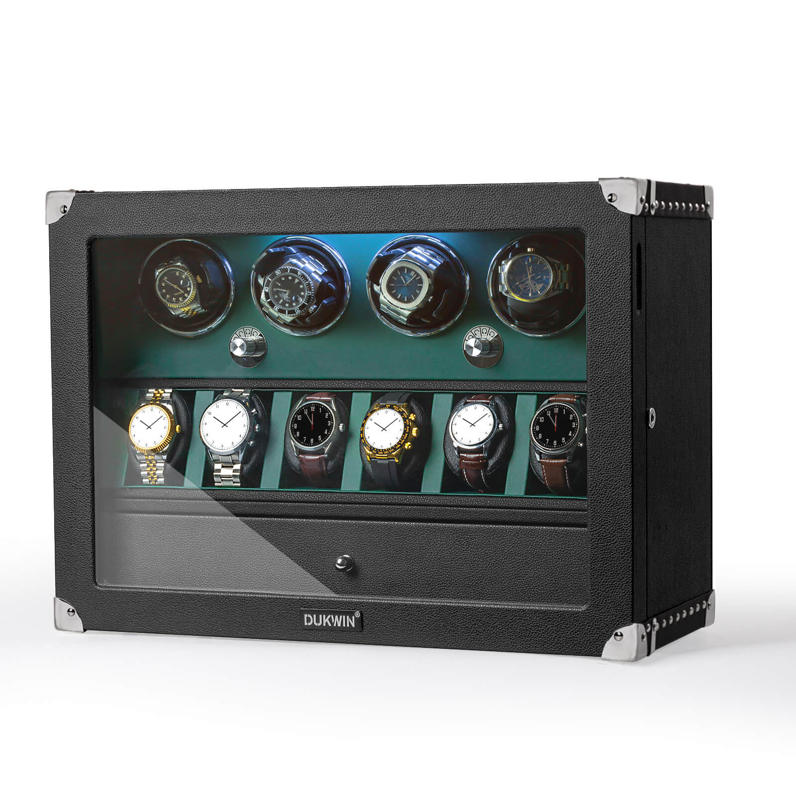 4 remontoirs de montres pour montres automatiques avec organisateur d'affichage de 6 montres - Vert