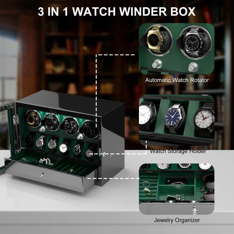 4 remontoirs de montres pour montres automatiques avec organisateur d'affichage de 6 montres - Vert