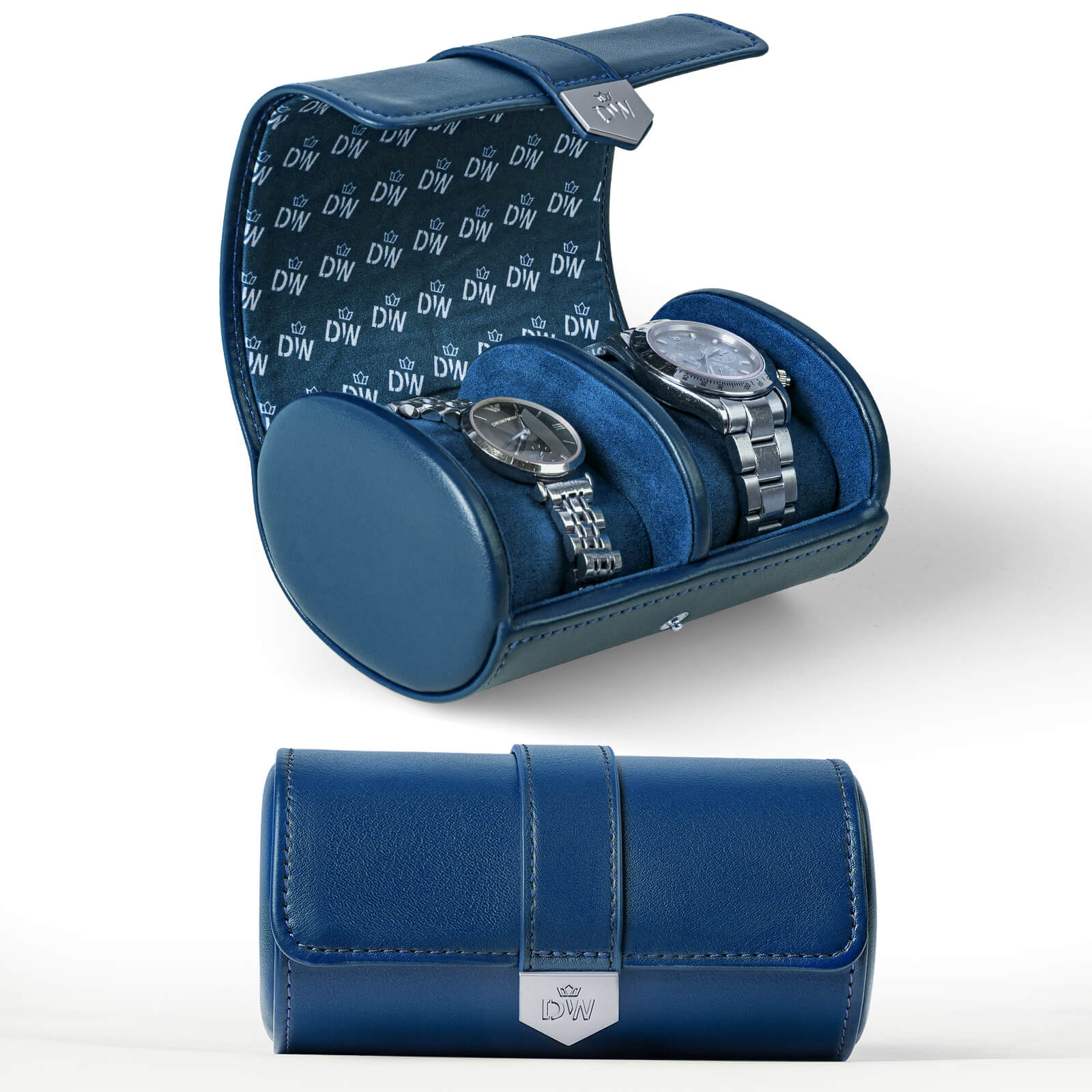 Vegan Leather Double Watch Roll Travel Case - Blue