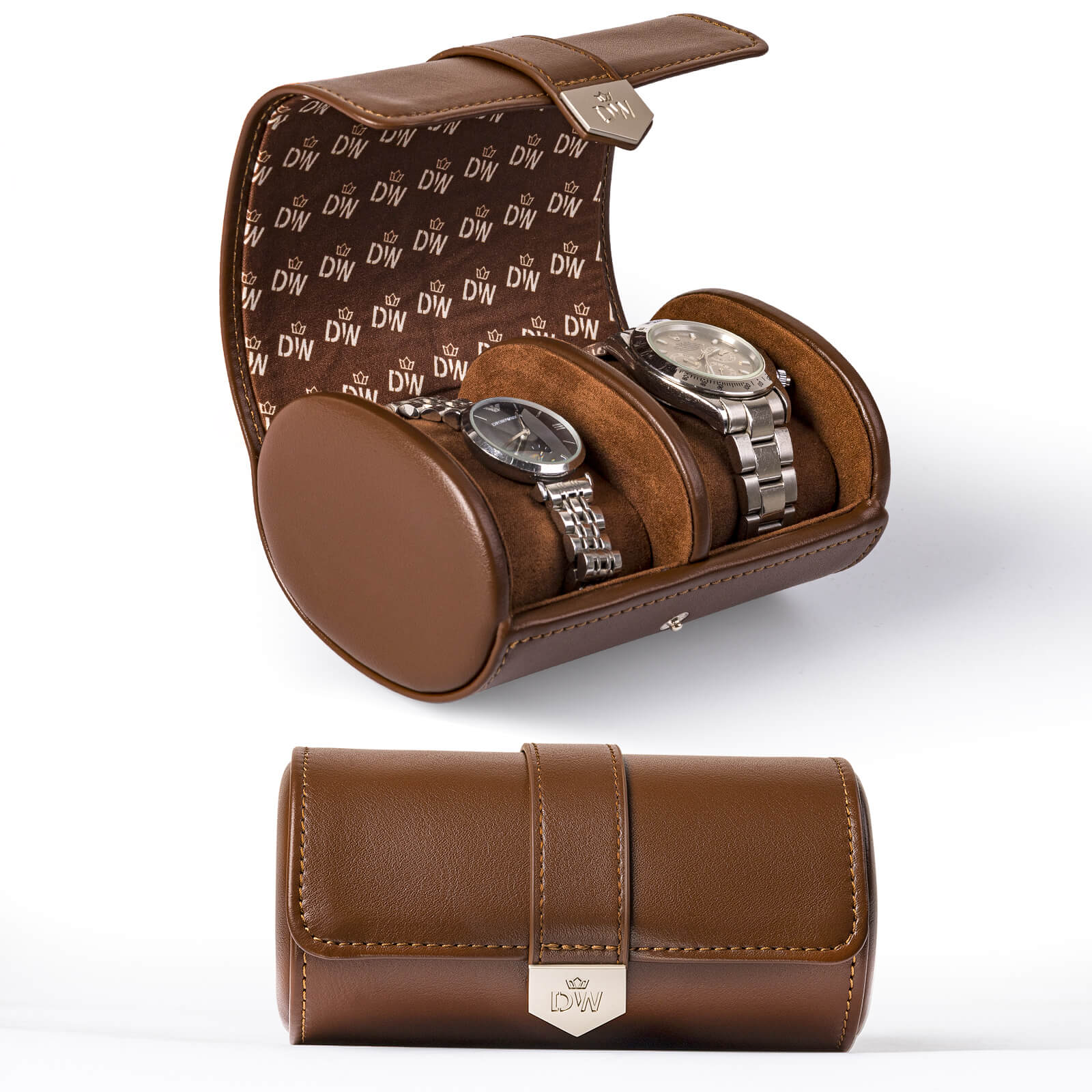Vegan Leather Double Watch Roll Travel Case - Brown
