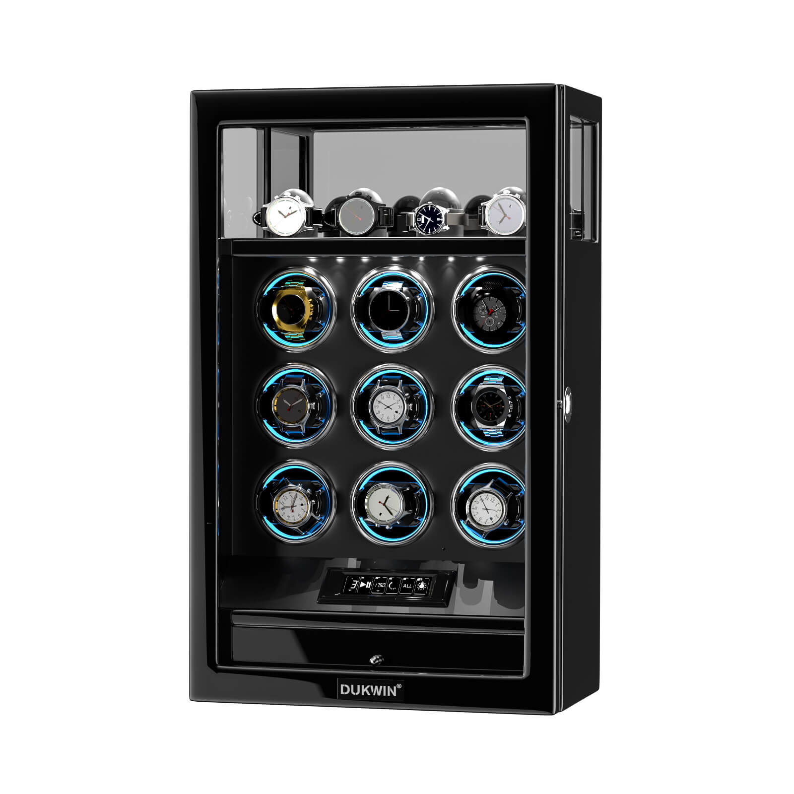 Fingerprint Lock 9 Watch Winders with RGB LED Lighting & Extra Watch Storage – Black