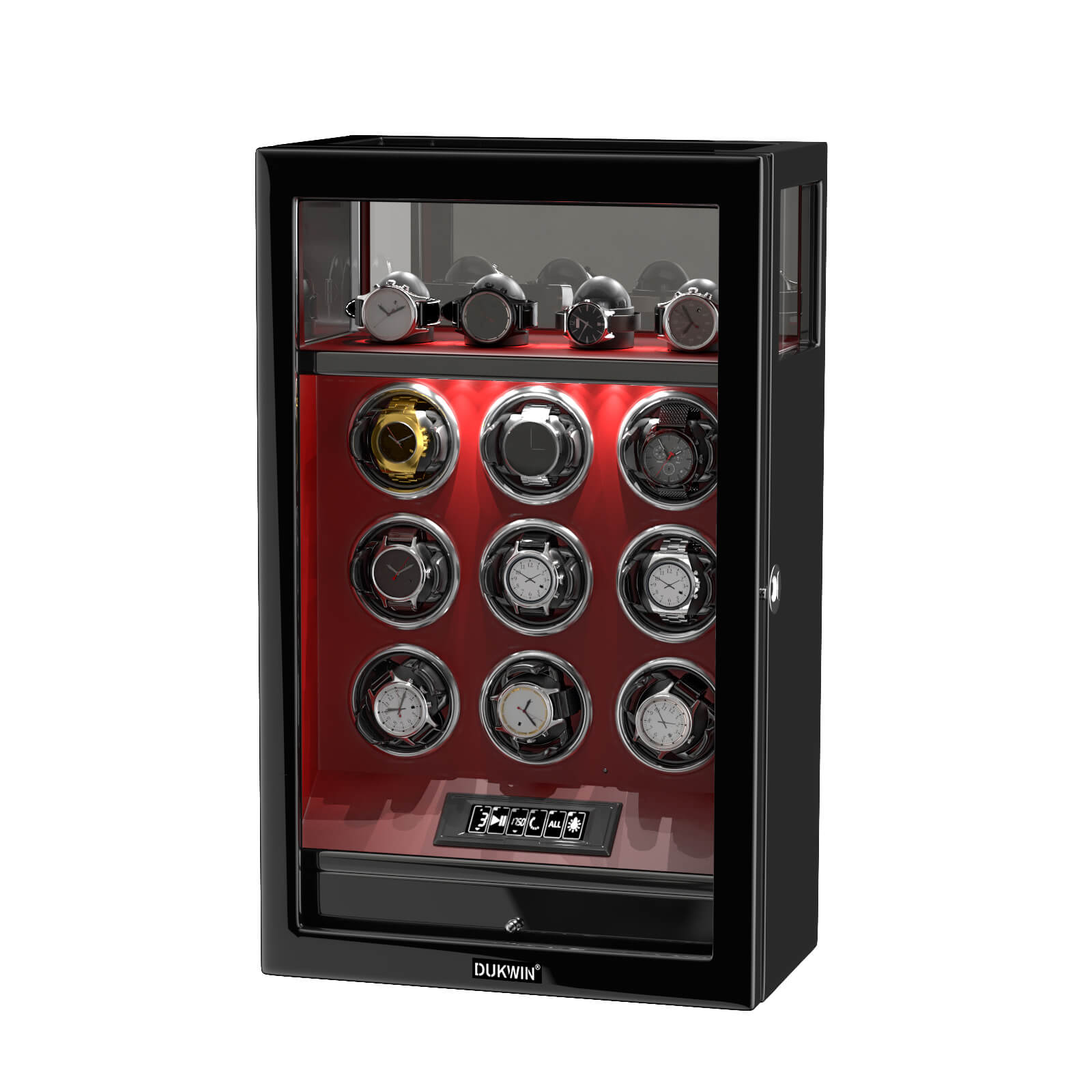 Verrouillage D'empreinte Digitale 9 Remontoirs De Montre Avec 4 Supports De Montre Stockage Télécommande LCD - Rouge