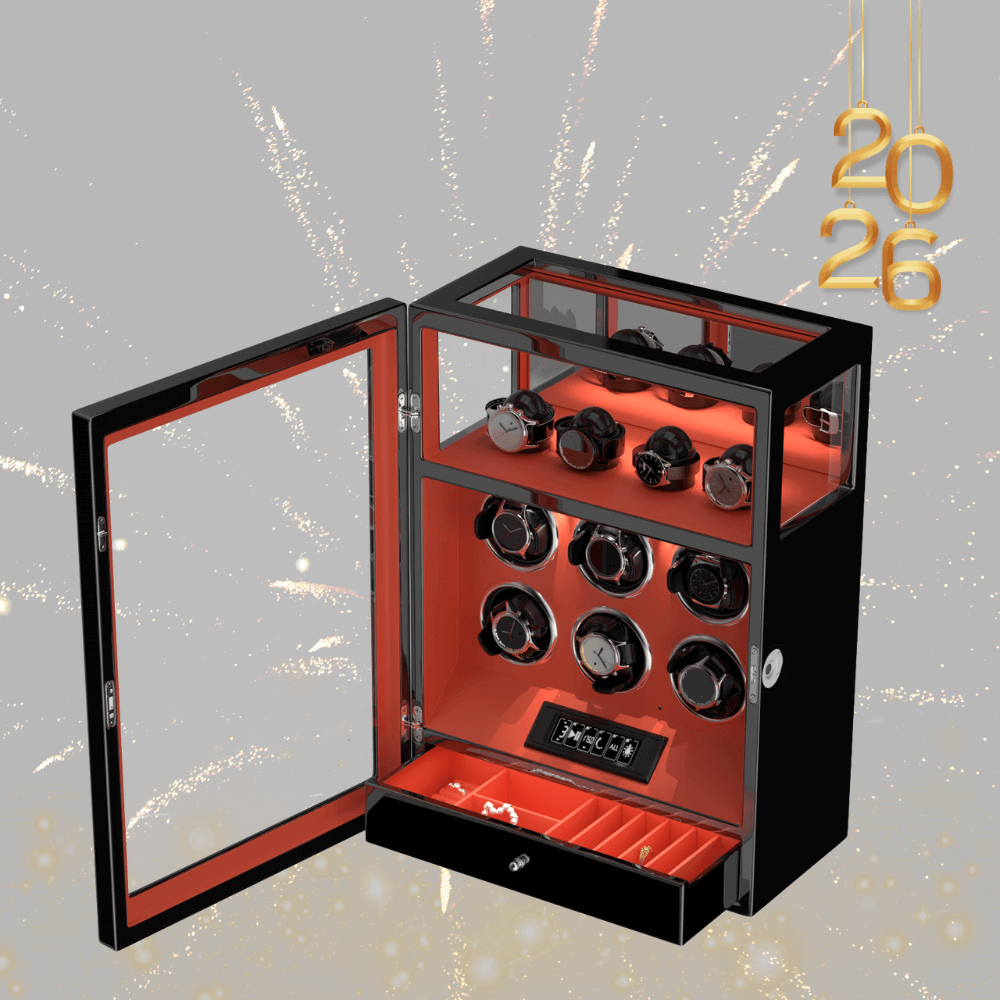 Fingerprint Lock 6 Watch Winders with Extra Watches Storage LCD Remote Control - Flame Orange