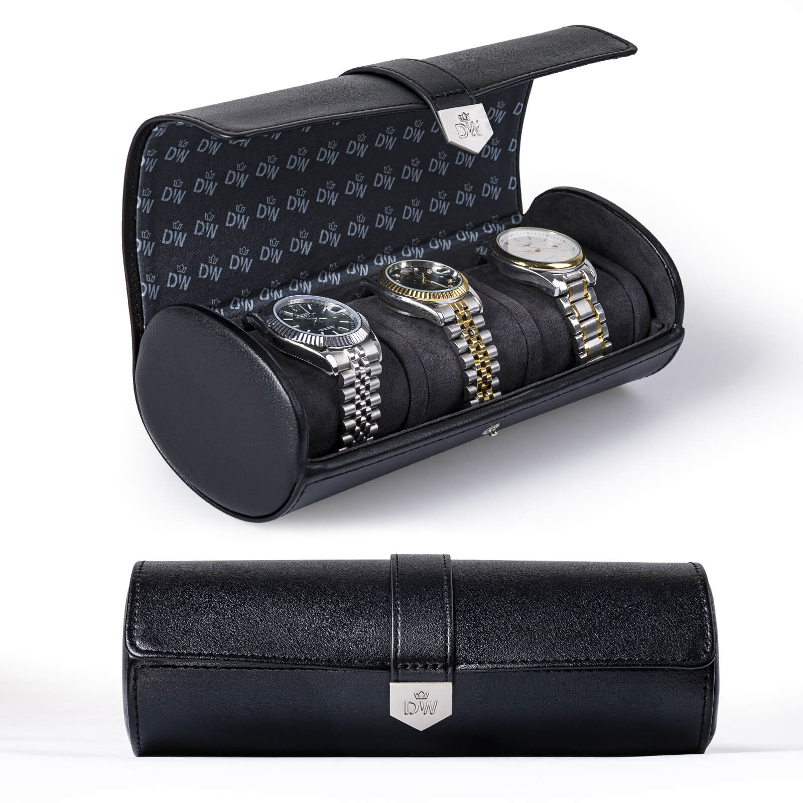 Vegan Leather Triple Watch Roll Travel Case with Hidden Jewelry Capsule - Black