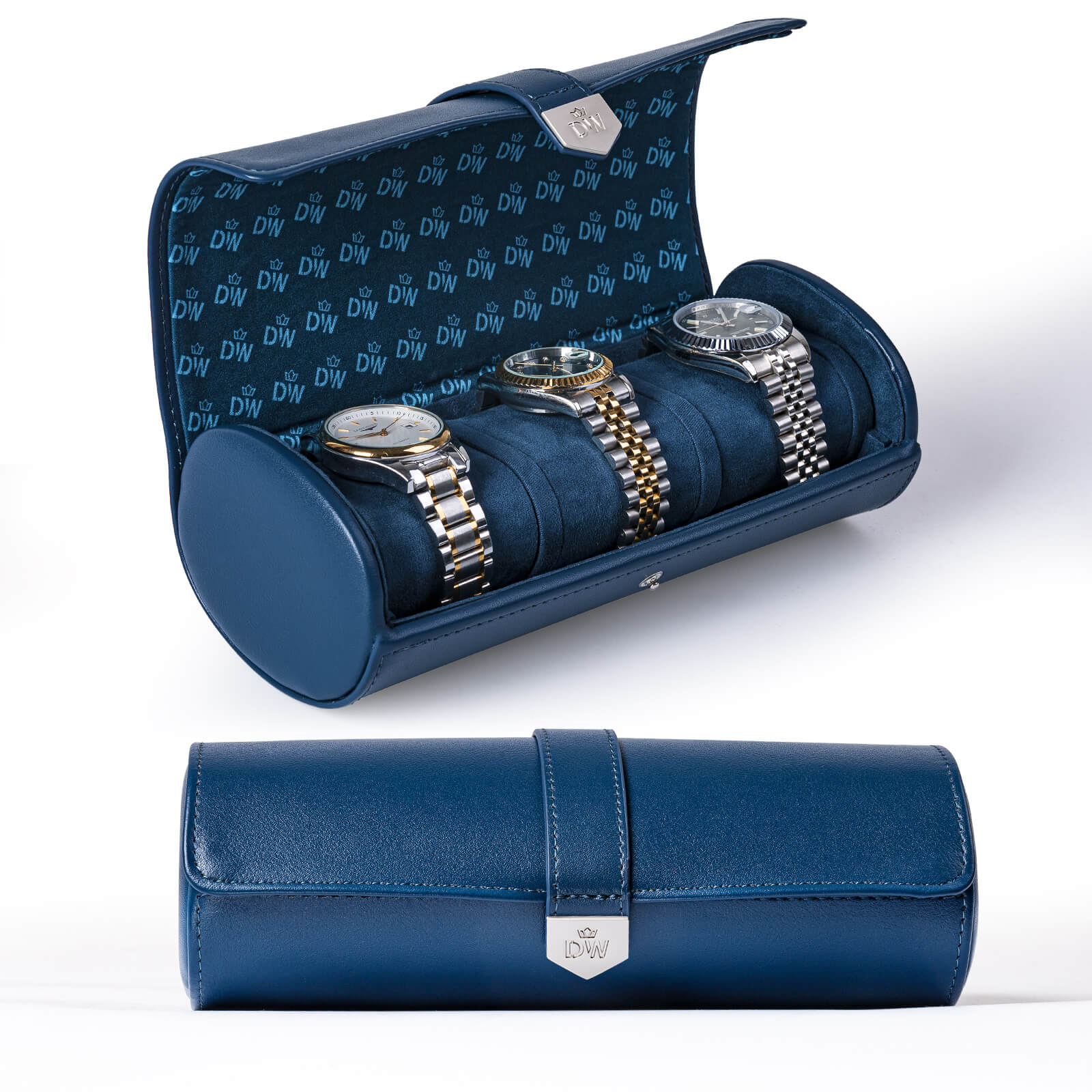 Vegan Leather Triple Watch Roll Travel Case with Hidden Jewelry Capsule - Blue