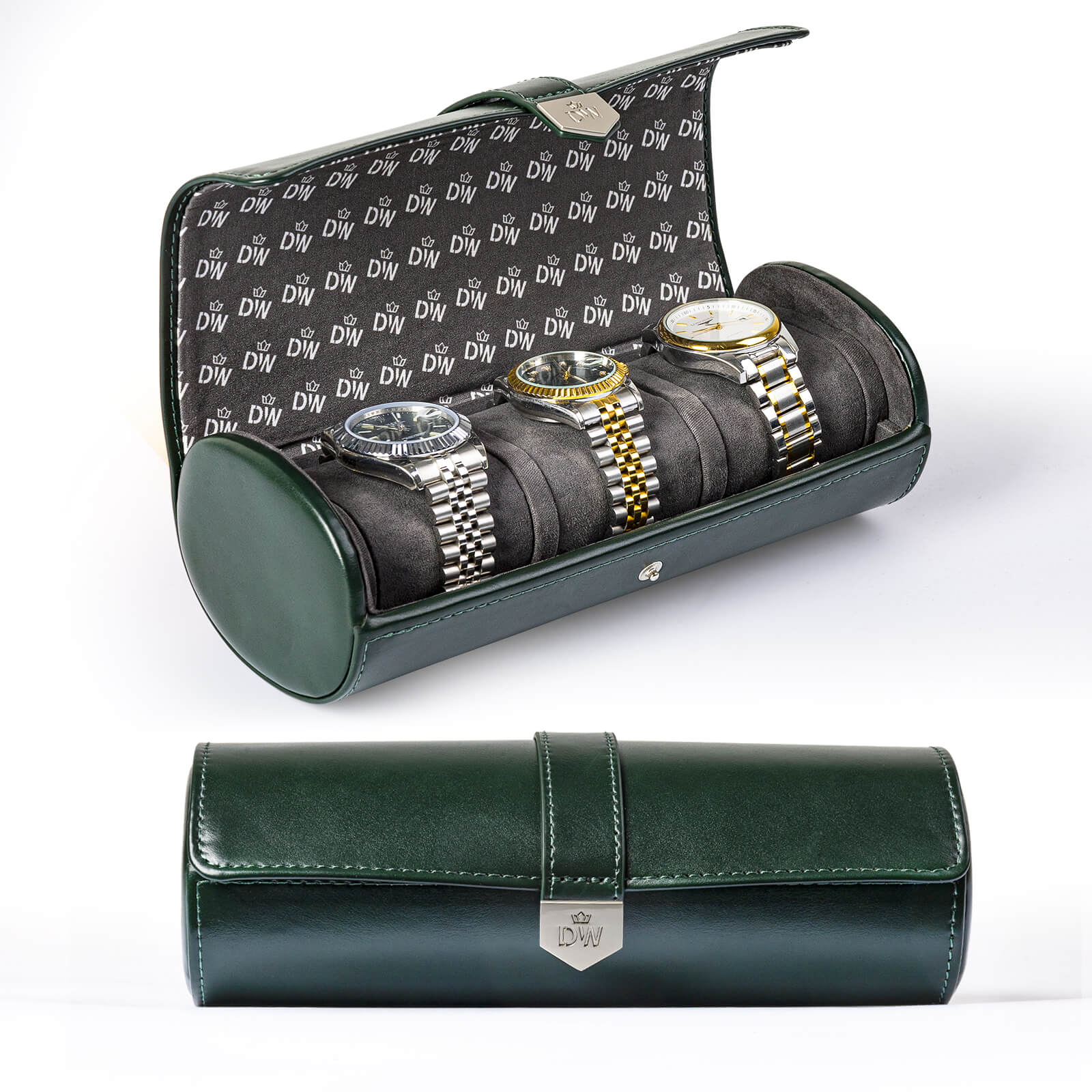 Vegan Leather Triple Watch Roll Travel Case with Hidden Jewelry Capsule - Green