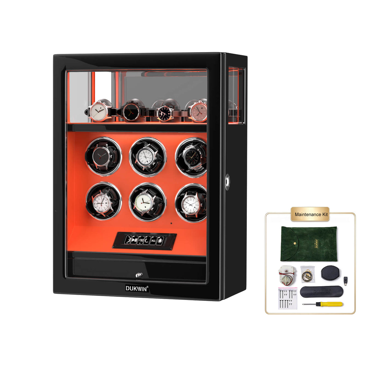 Fingerprint Lock 6 Watch Winders with Extra Watches Storage LCD Remote Control - Flame Orange