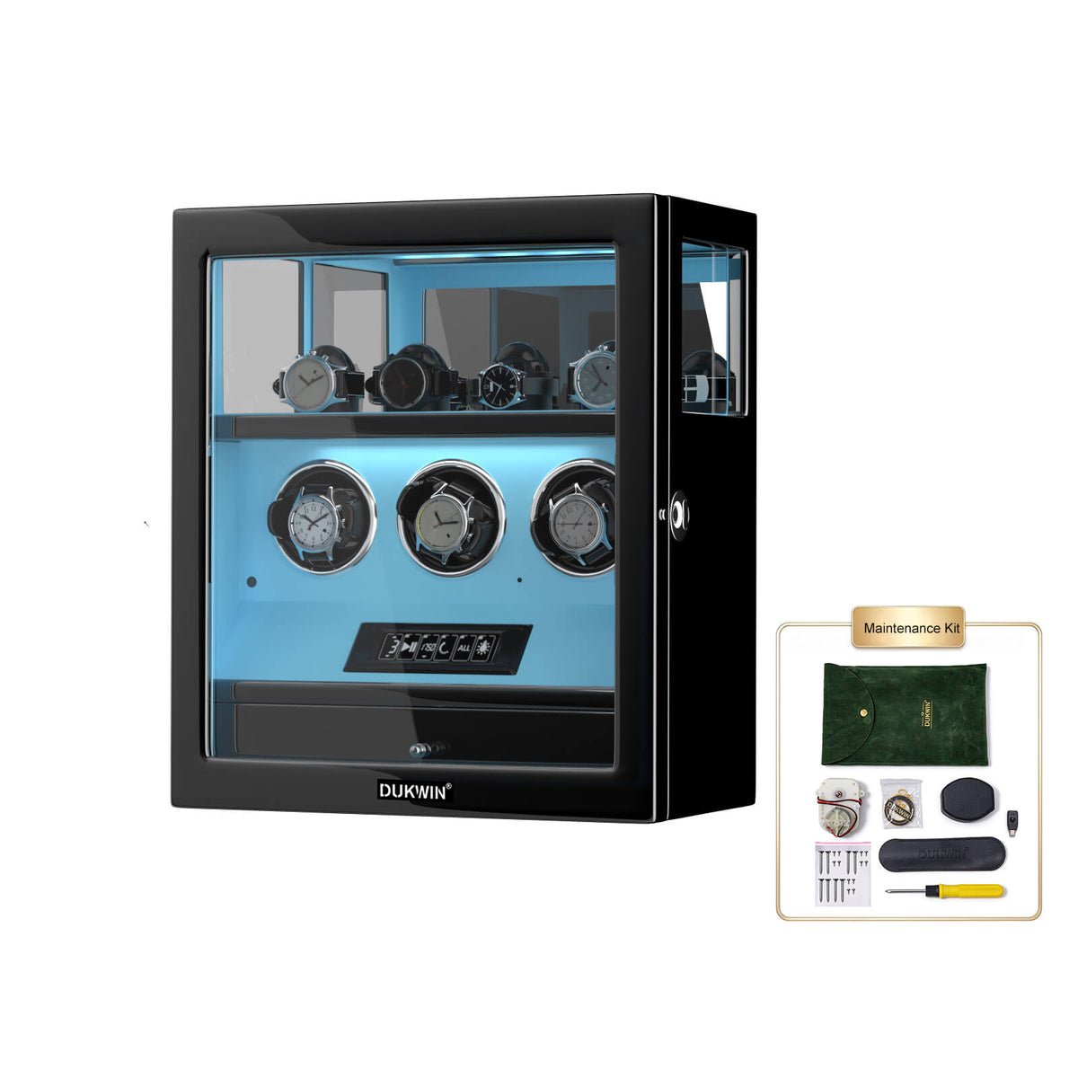 Fingerprint Lock 3 Watch Winders with Extra 4 Watches Storage LCD Remote Control - Tiffany Blue