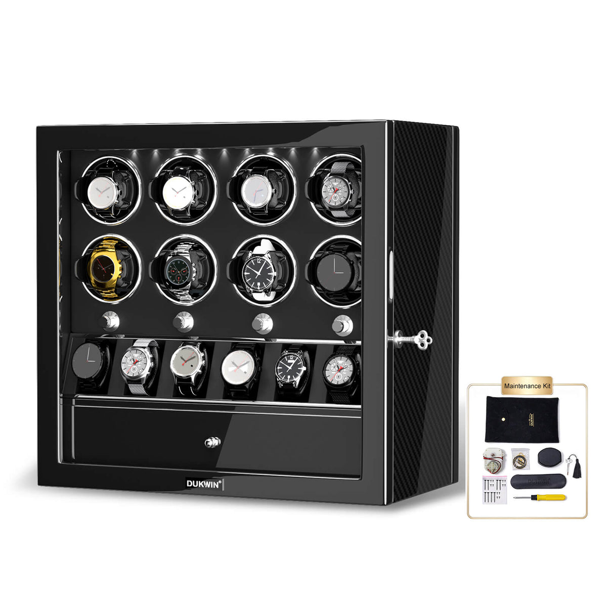 8 Watch Winders for Automatic Watches with 6 Storage Organizer Case - Carbon Fiber