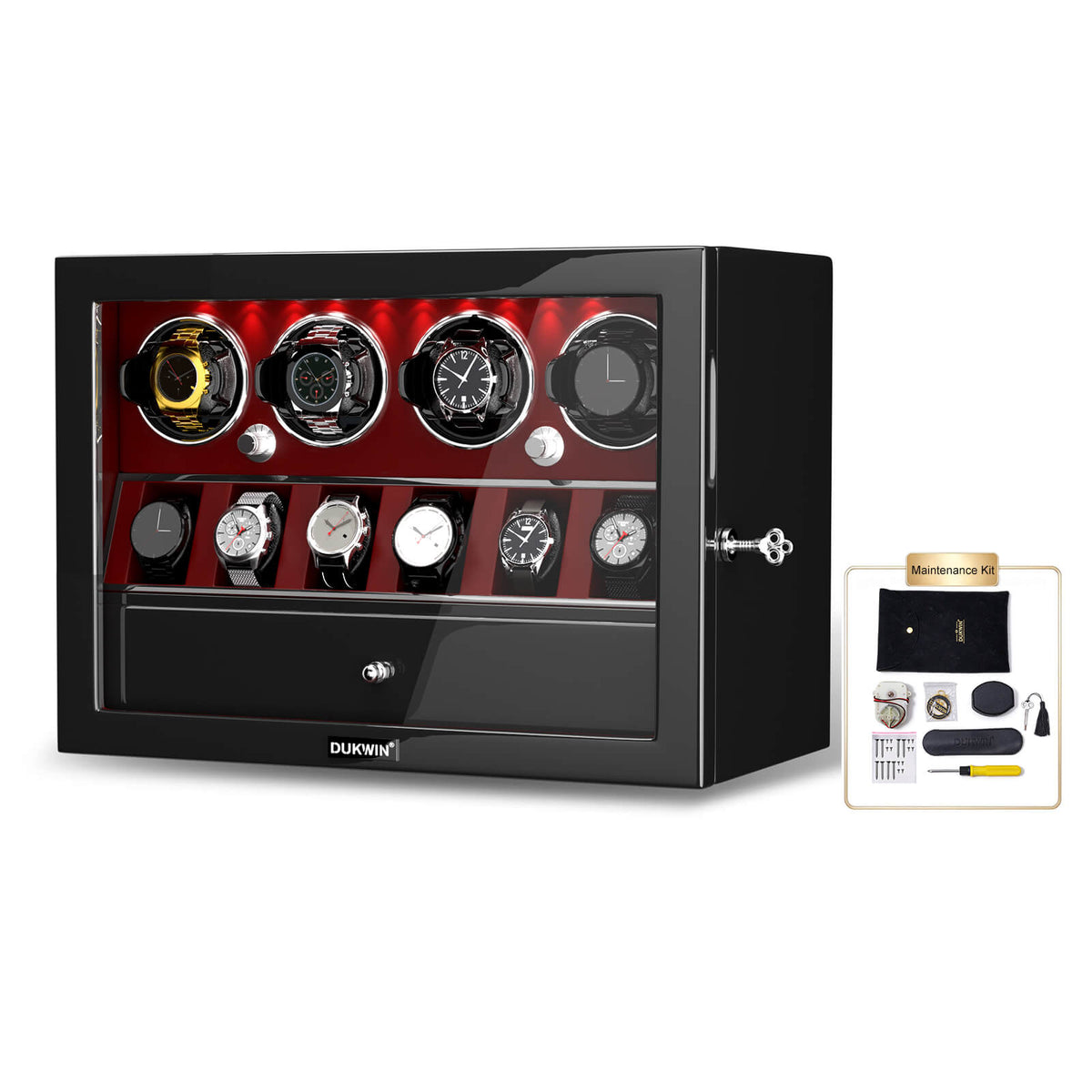4 Watch Winders for Automatic Watches with 6 Watches Display Organizer - Red