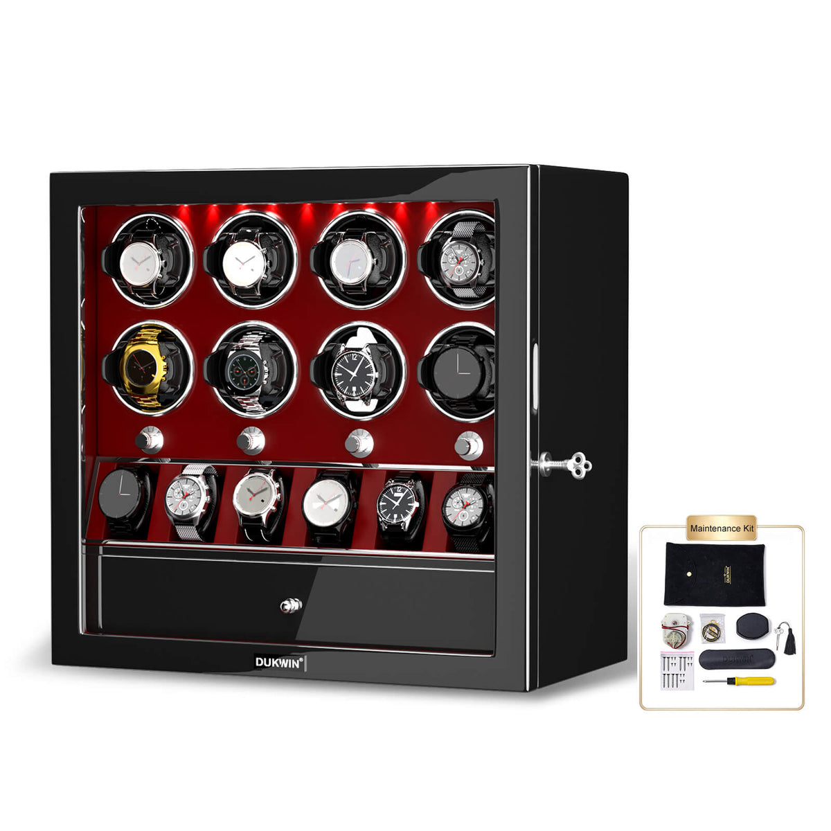 8 Watch Winders with 6 Watches Organizer Case Automatic Rotation - Red