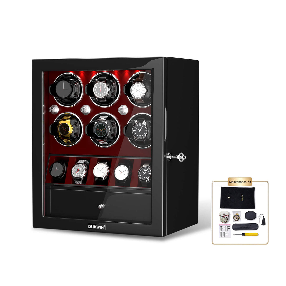 Classic 6 Watch Winders for Automatic Watches with 5 Watches Display Organizer - Red