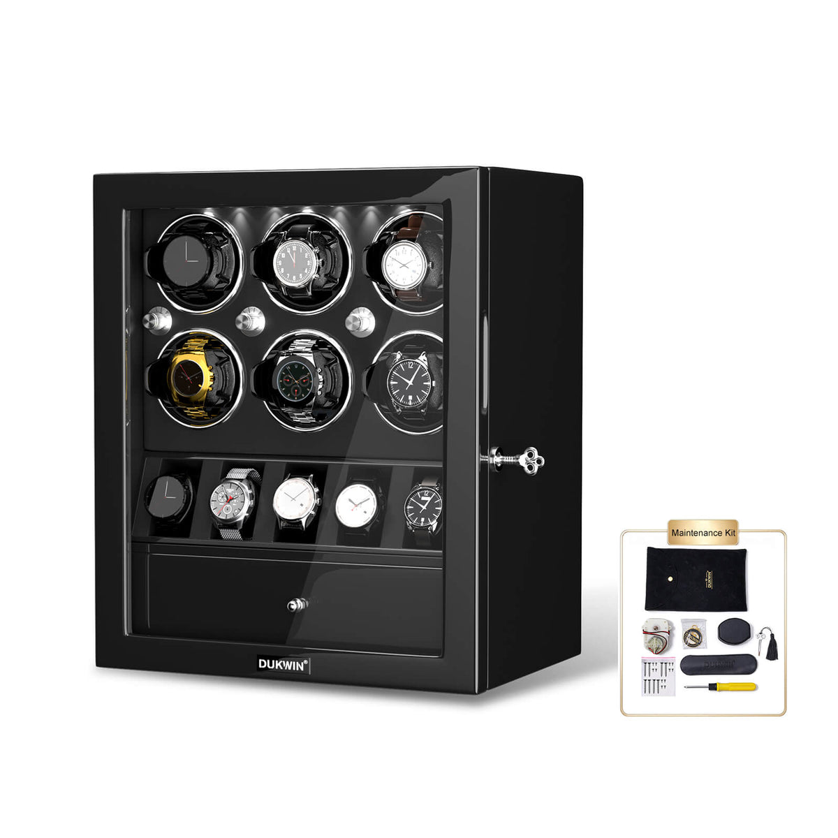Compact 6 Watch Winders with 5 Watches Organizer Storage Space Quiet Mabuchi Motor