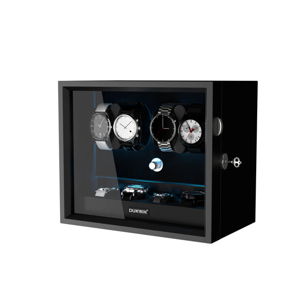 4 + 4 Watch Winder with Extra Storages Aurora Blue Light Quiet Motors - Black