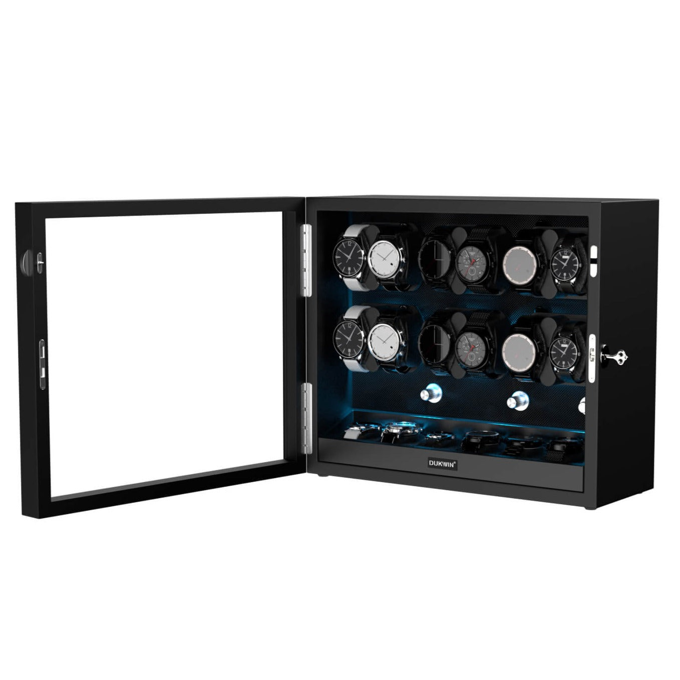 12 + 6 Watch Winder with Extra Storages Aurora Blue Light Quiet Motors - Black