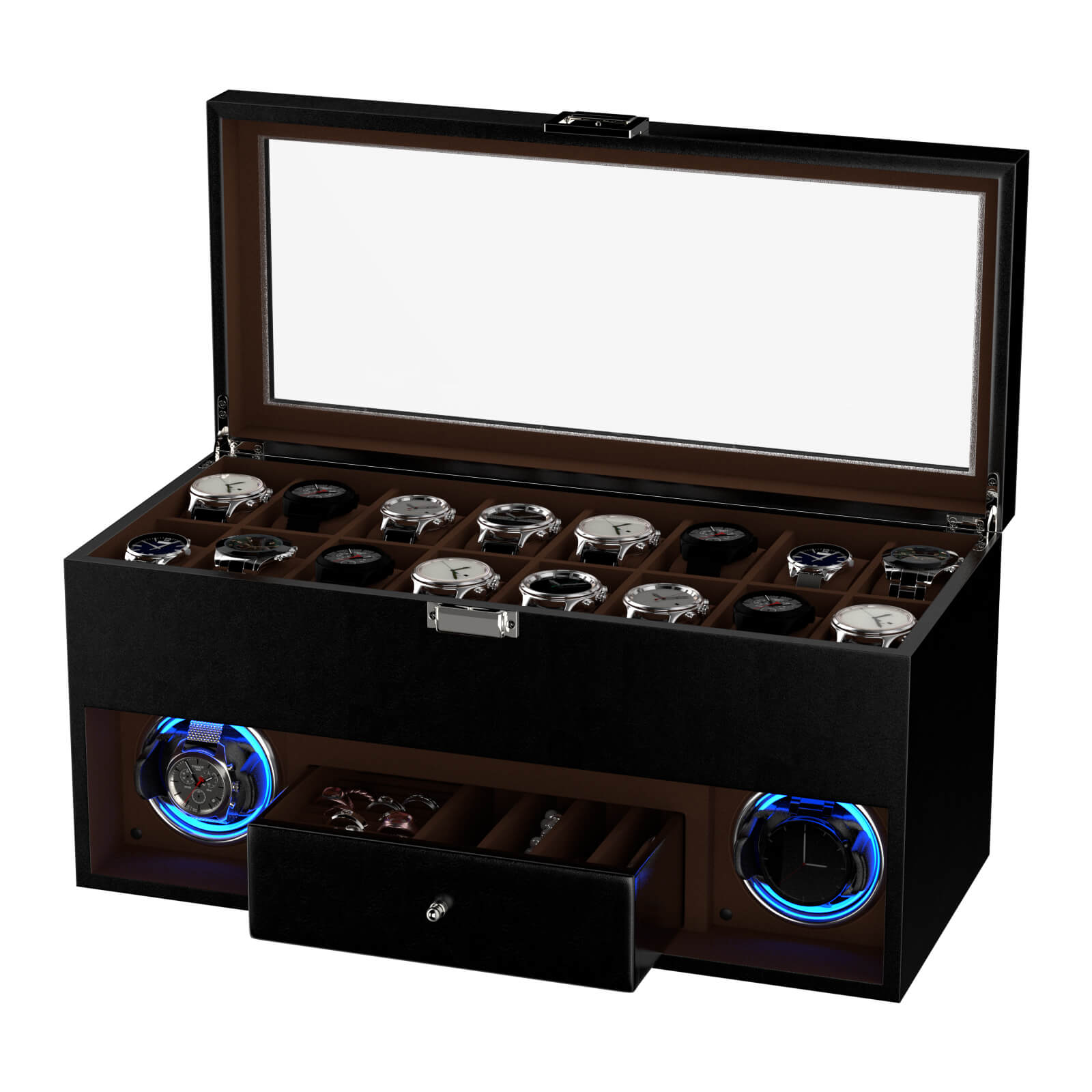 Automatic Watch Winder for 2 Watches with 16 Storage Slots - Black