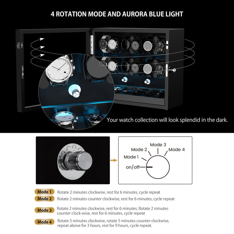 Remontoir 12 + 6 montres avec rangements supplémentaires Moteurs silencieux Aurora Blue Light - Noir